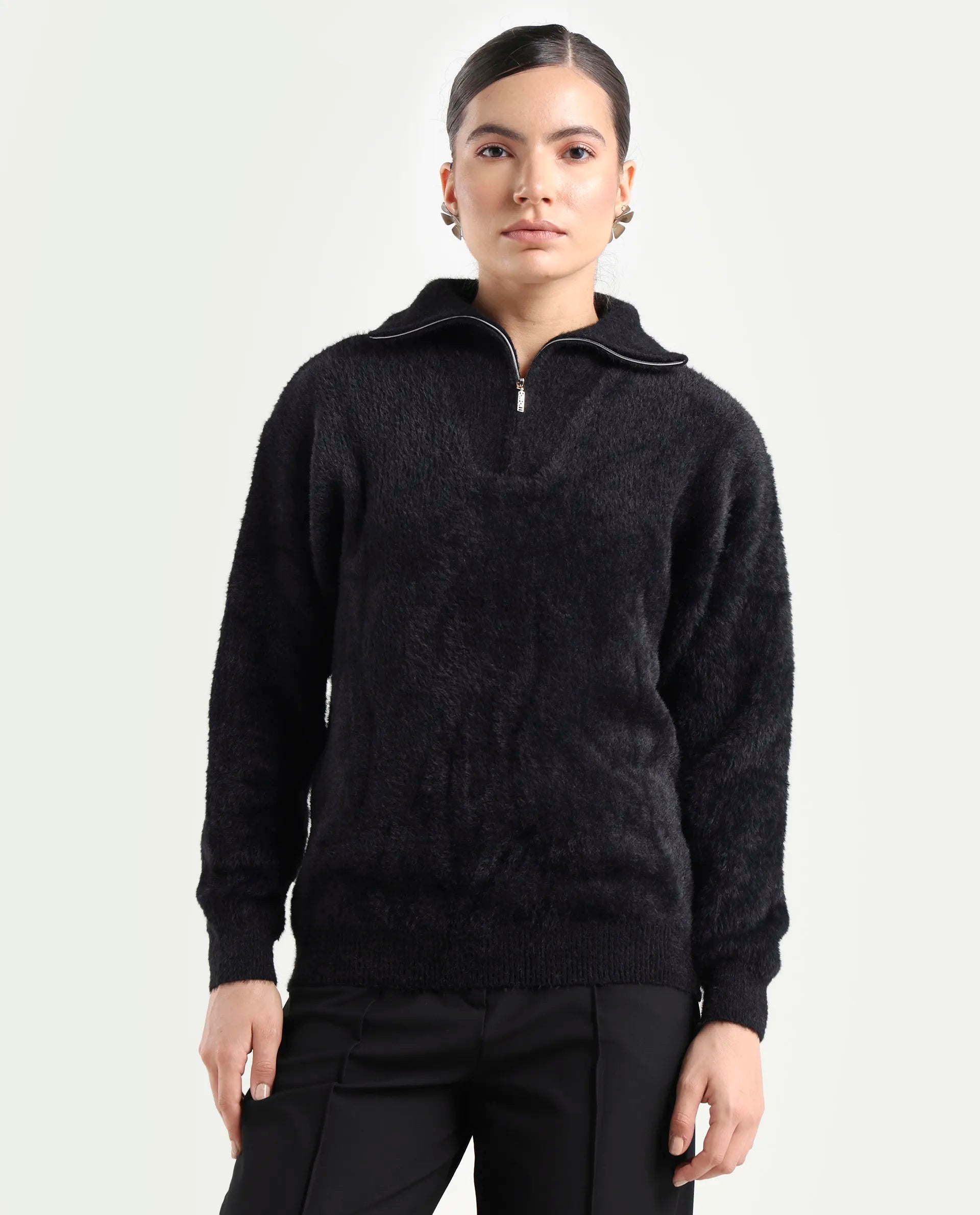 Rareism Women's Asser Black Acrylic Drop Collar Plain Relaxed Fit Sweater