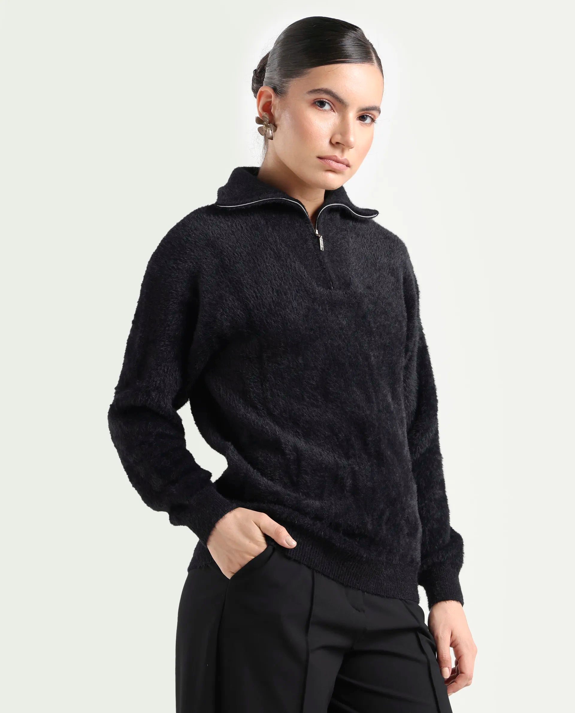 Rareism Women's Asser Black Acrylic Drop Collar Plain Relaxed Fit Sweater