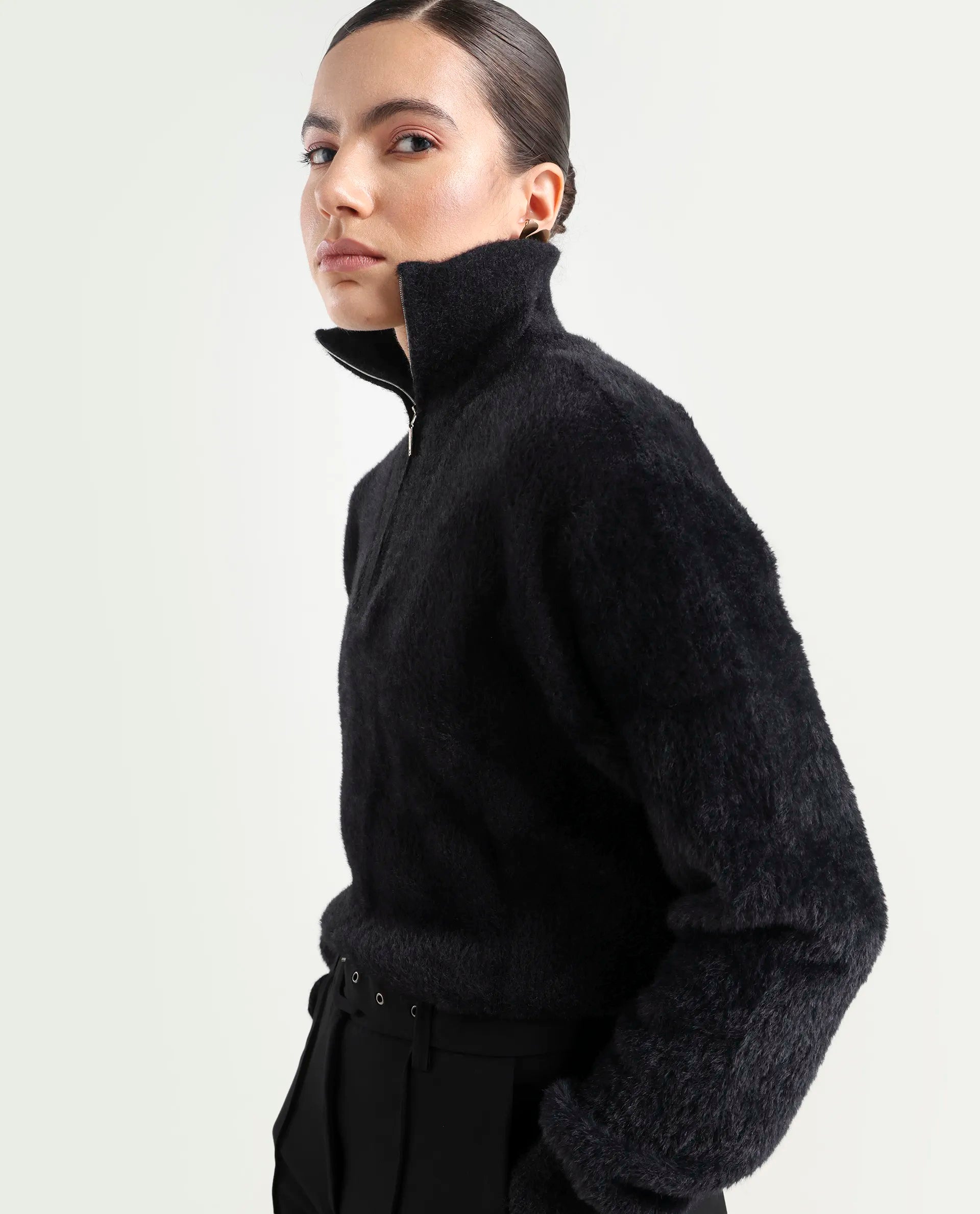 Rareism Women's Asser Black Acrylic Drop Collar Plain Relaxed Fit Sweater