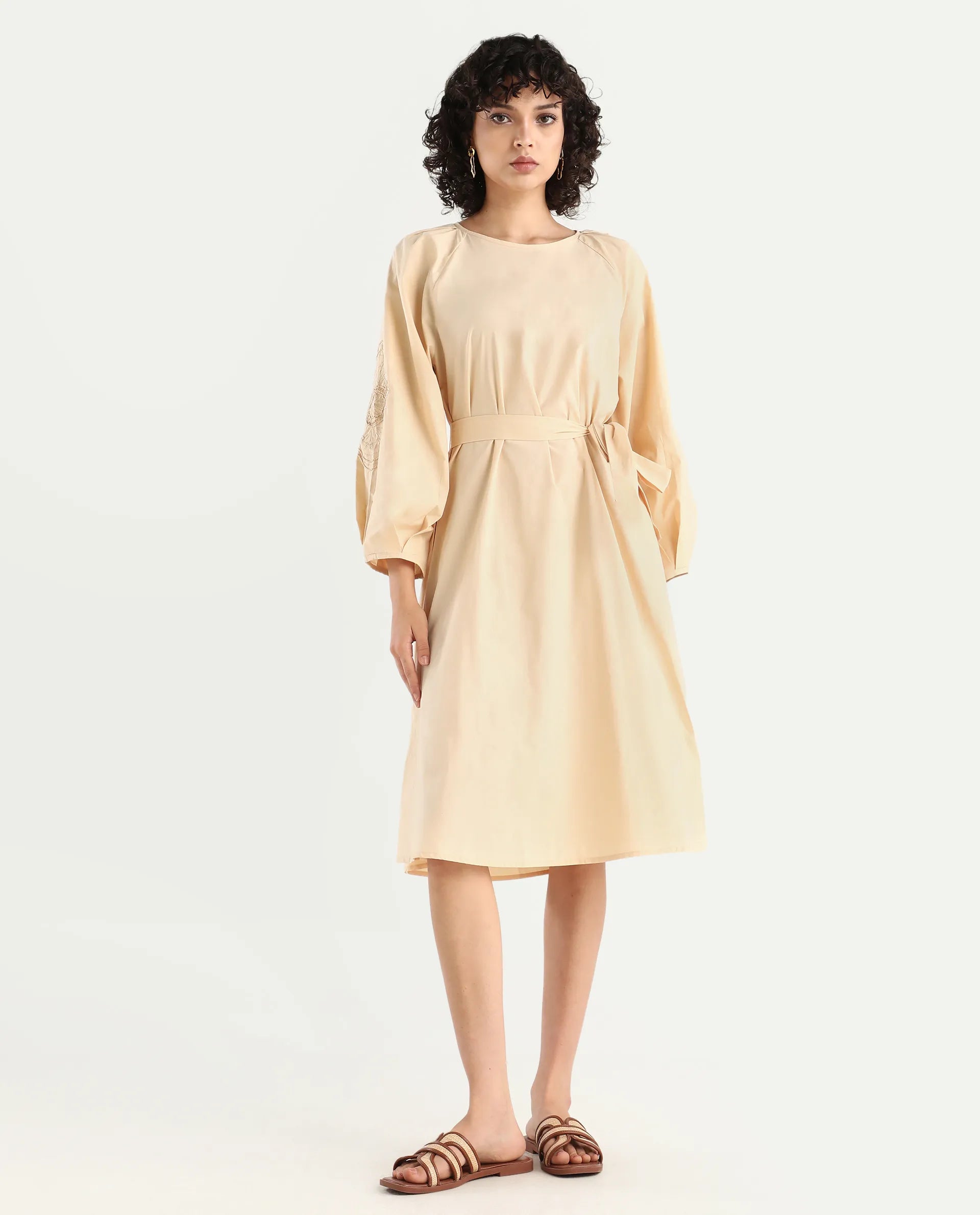 Rareism Women's Asta Light Beige Cotton Round Neck Plain Raglan Sleeve Midi A-Line Dress