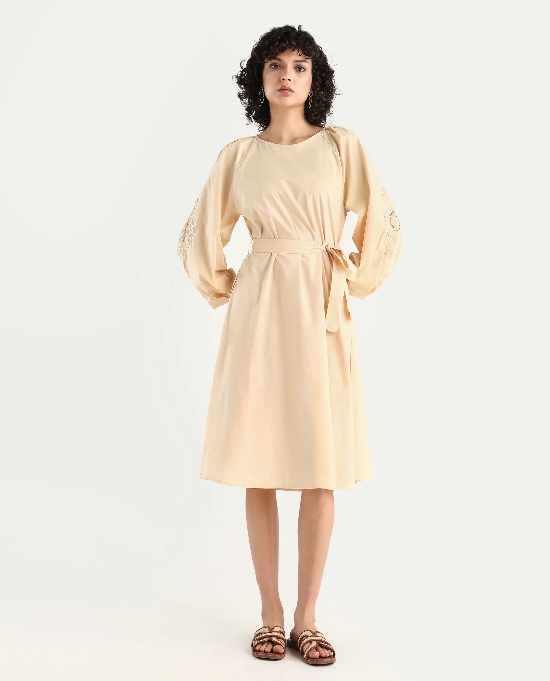 Rareism Women's Asta Light Beige Cotton Round Neck Plain Raglan Sleeve Midi A-Line Dress