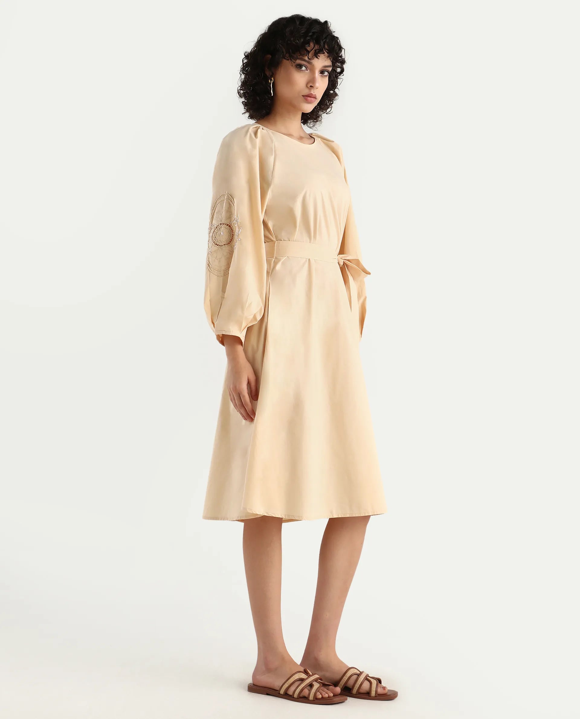 Rareism Women's Asta Light Beige Cotton Round Neck Plain Raglan Sleeve Midi A-Line Dress