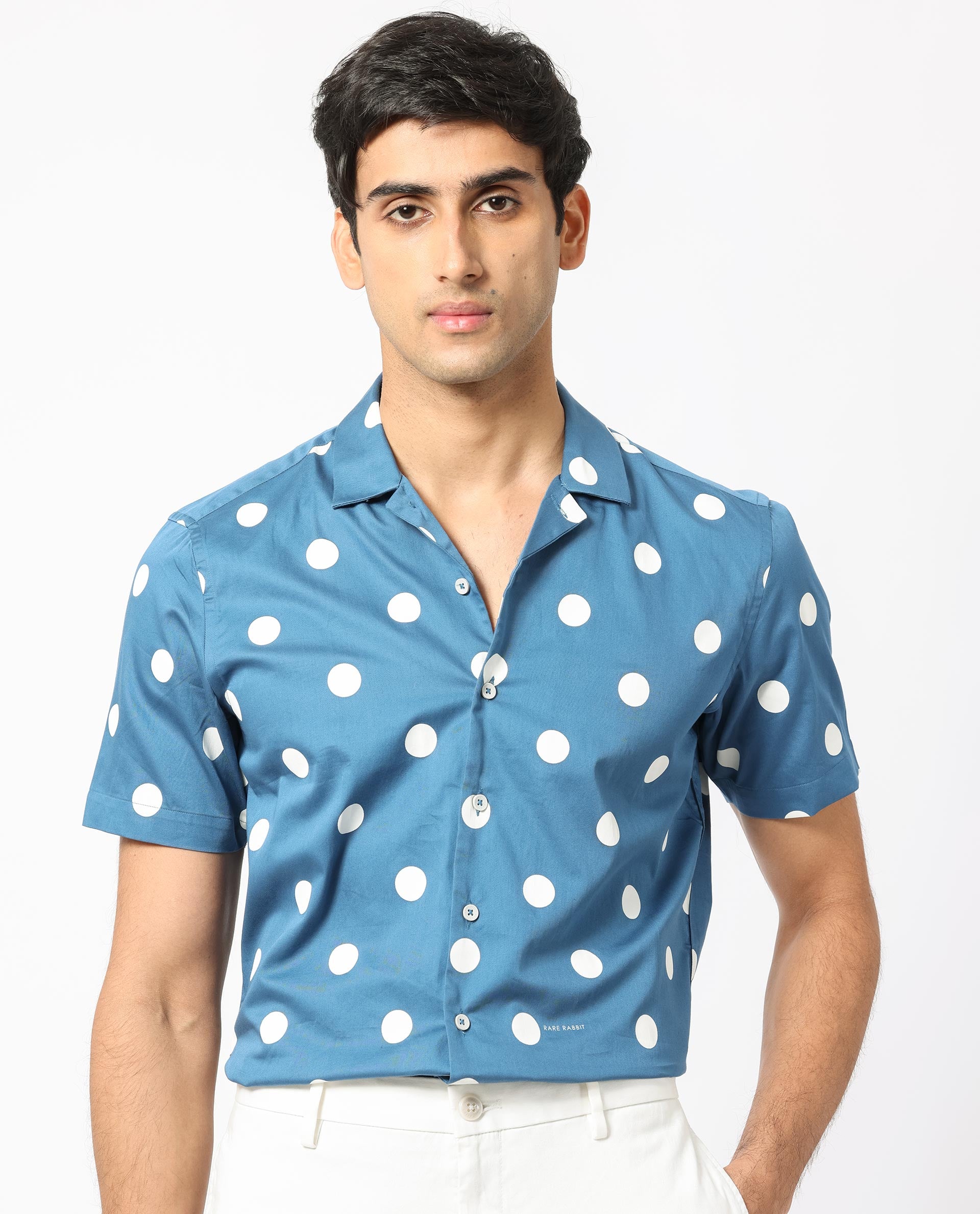 Rare Rabbit Men's Astels Blue Cotton Fabric Cuban Collar Half Sleeves Polka Print Shirt