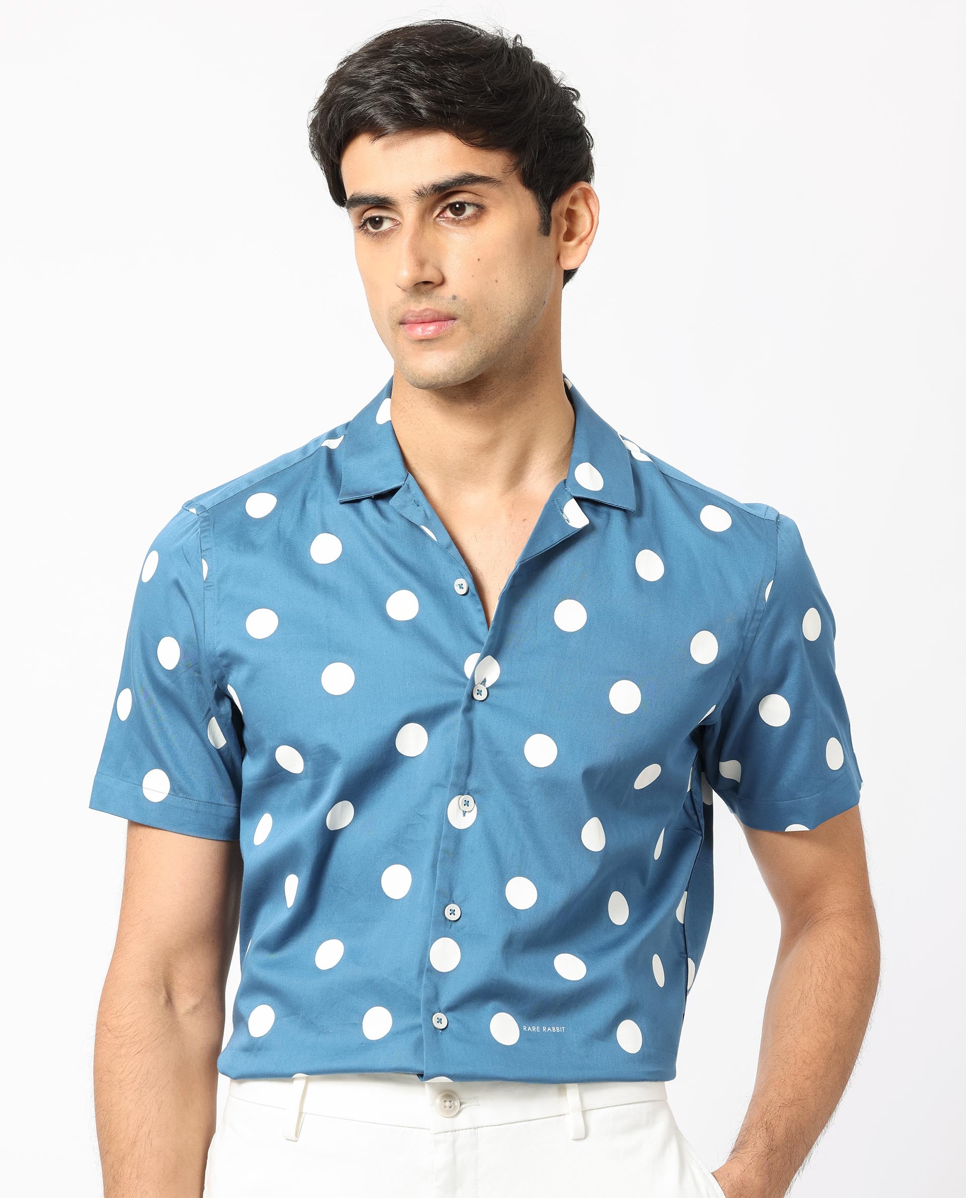 Rare Rabbit Men's Astels Blue Cotton Fabric Cuban Collar Half Sleeves Polka Print Shirt