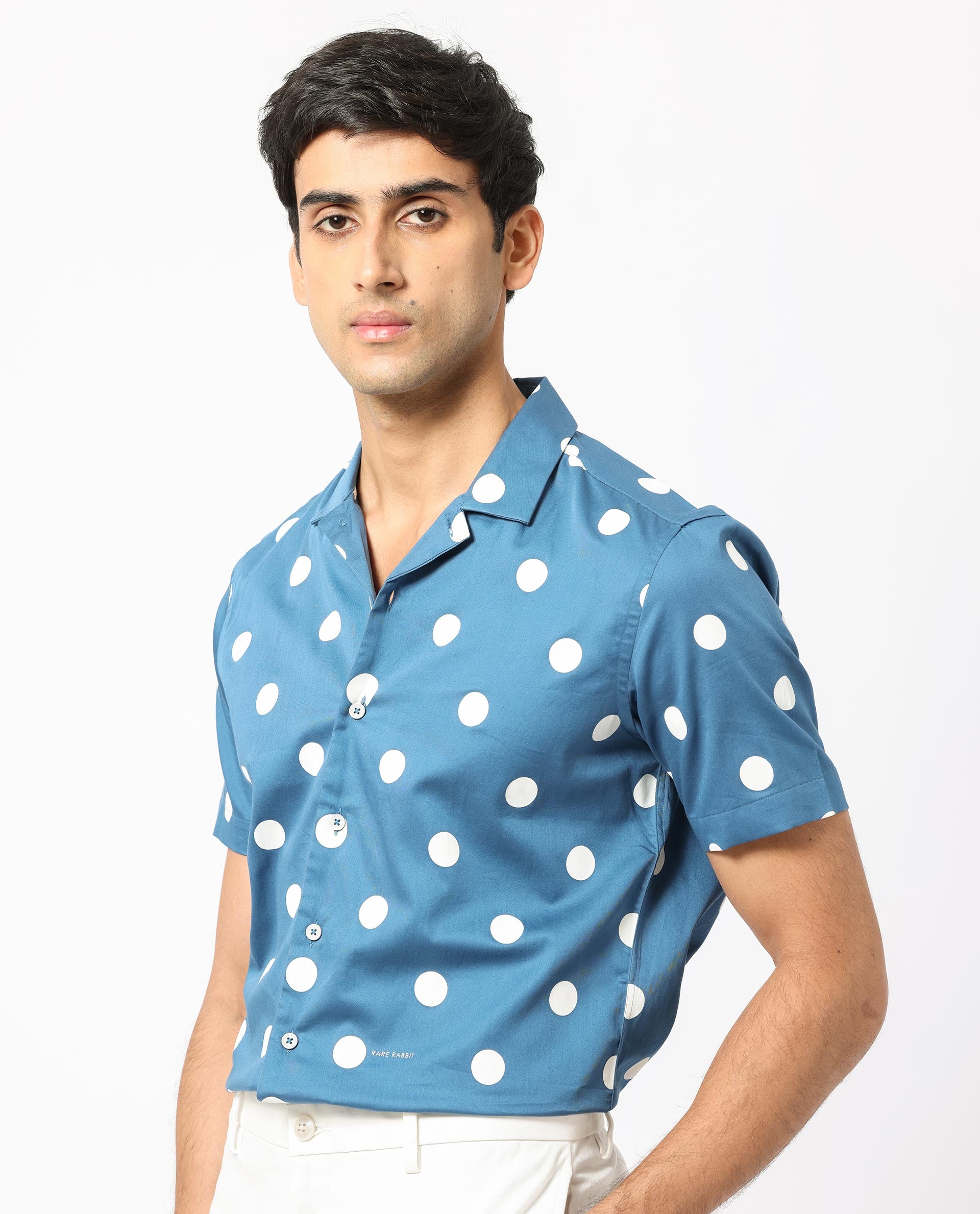 Rare Rabbit Men's Astels Blue Cotton Fabric Cuban Collar Half Sleeves Polka Print Shirt