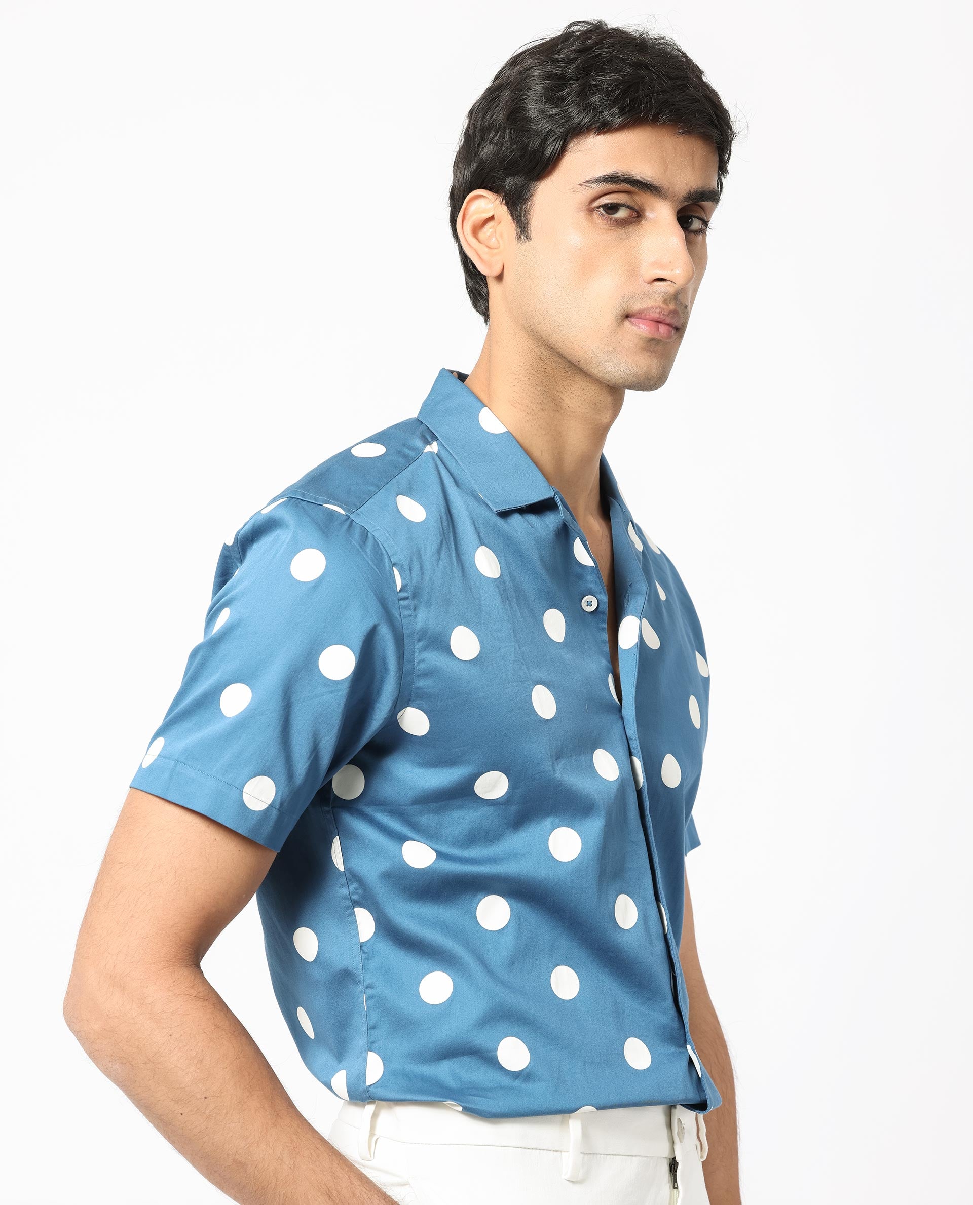 Rare Rabbit Men's Astels Blue Cotton Fabric Cuban Collar Half Sleeves Polka Print Shirt