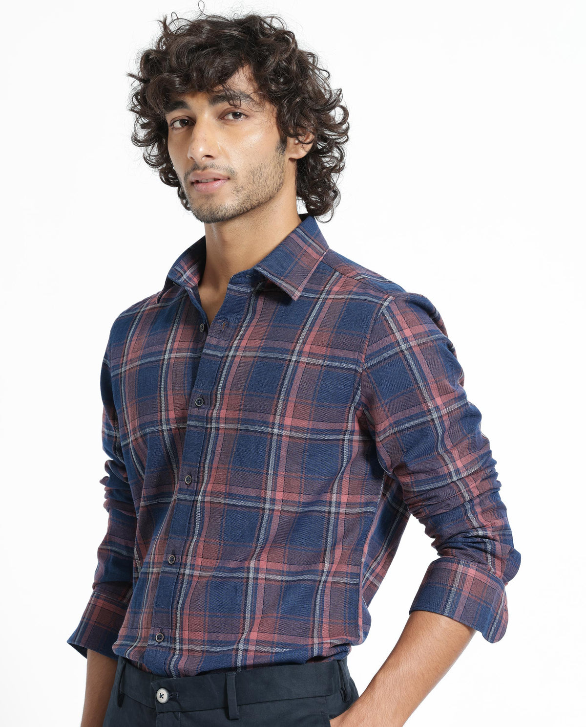 Rare Rabbit Men's Astl Navy Cotton Fabric Full Sleeves Checks Shirt