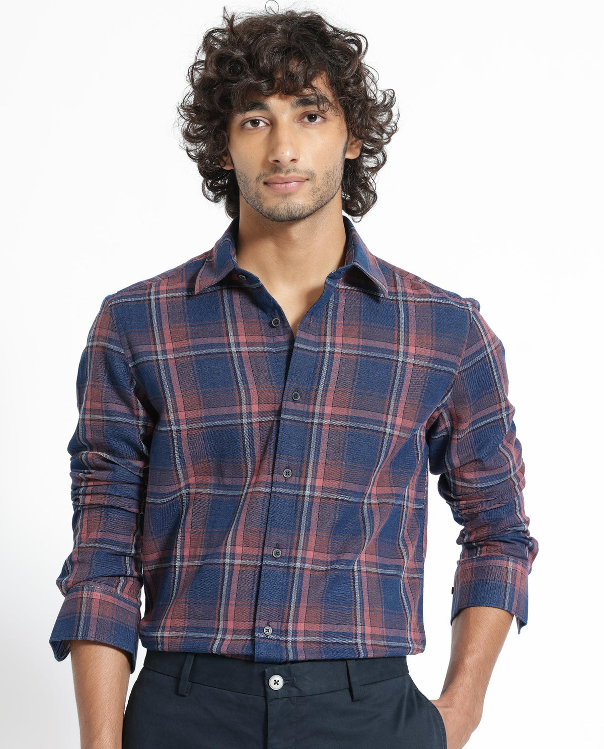 Rare Rabbit Men's Astl Navy Cotton Fabric Full Sleeves Checks Shirt