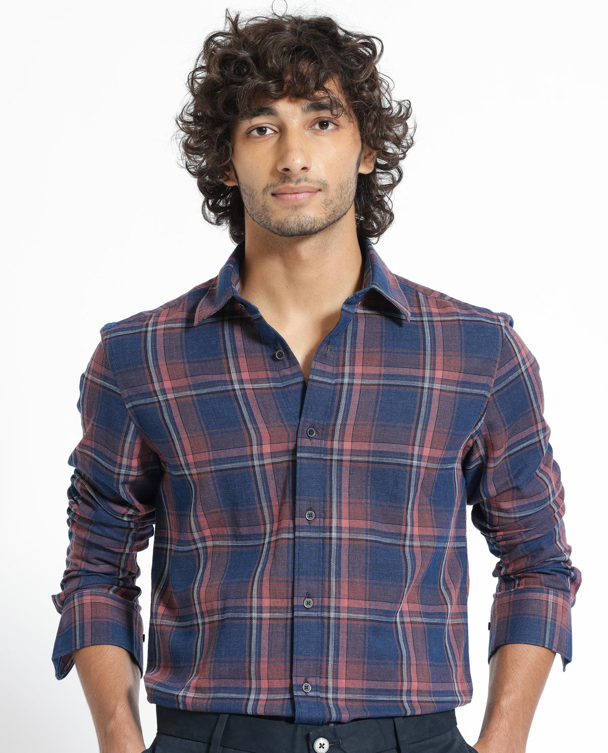 Rare Rabbit Men's Astl Navy Cotton Fabric Full Sleeves Checks Shirt