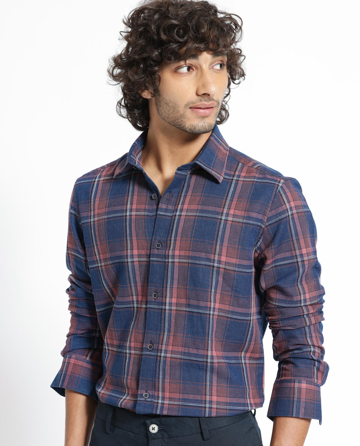 Rare Rabbit Men's Astl Navy Cotton Fabric Full Sleeves Checks Shirt