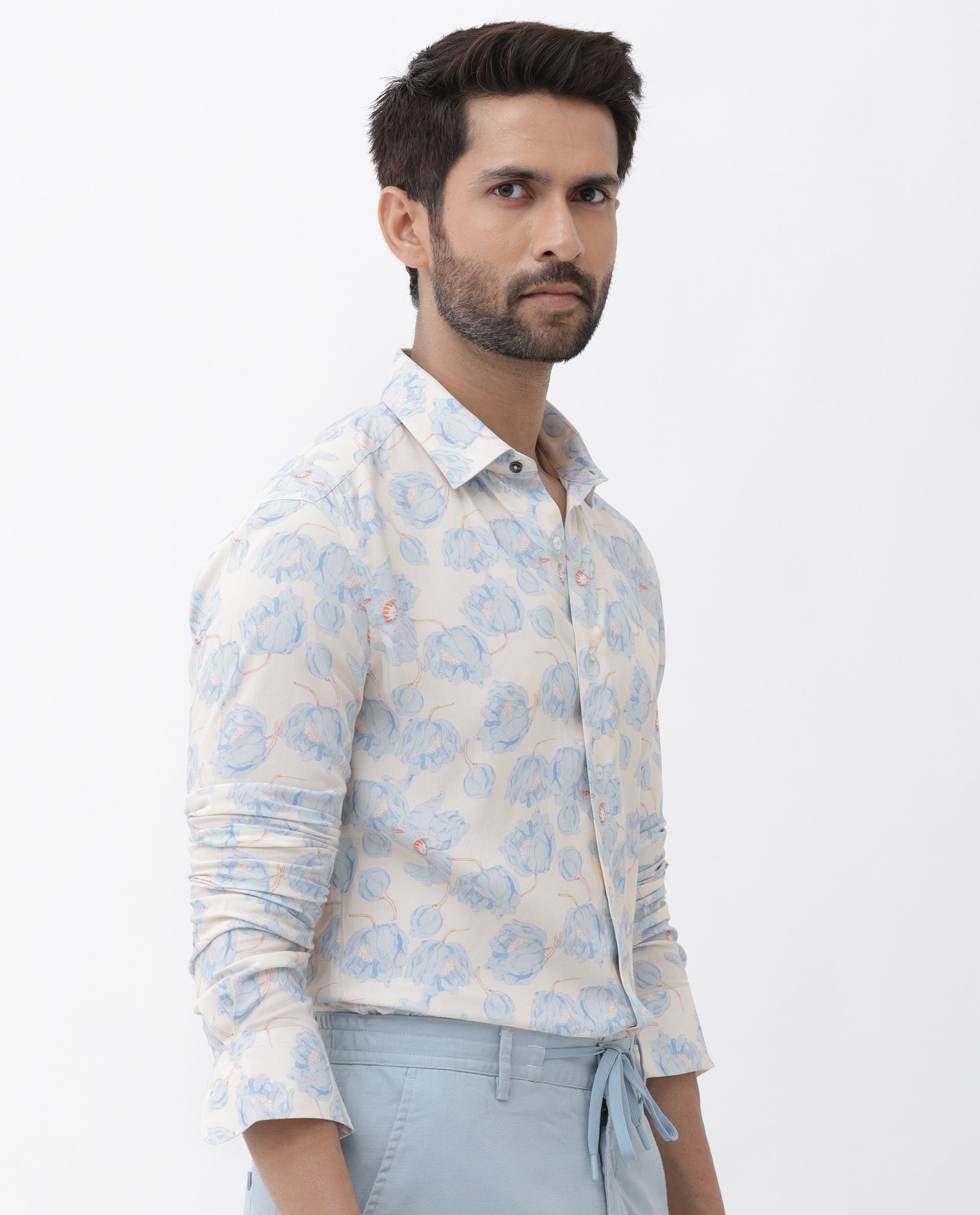 Rare Rabbit Men's Astoc Beige Viscose Fabric Full Sleeves Floral Print Shirt