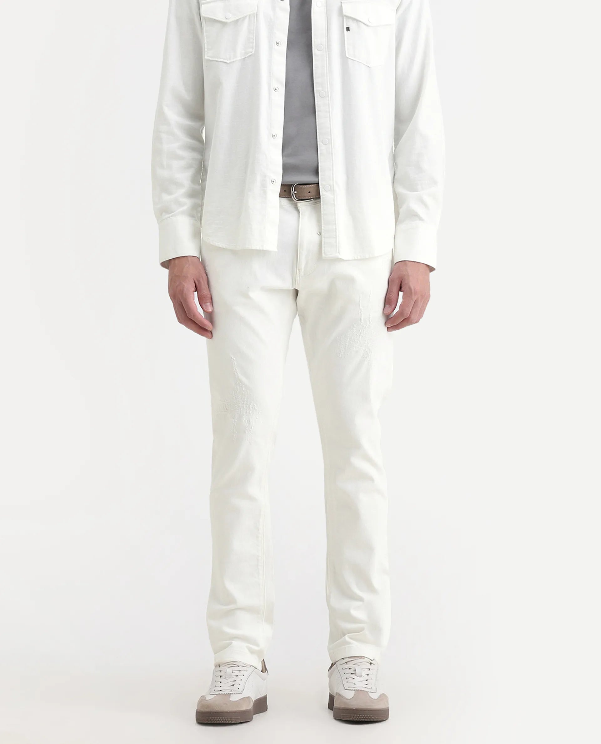 Rare Rabbit Men's Astral White Cotton Plain Hawk Slim Fit Jeans