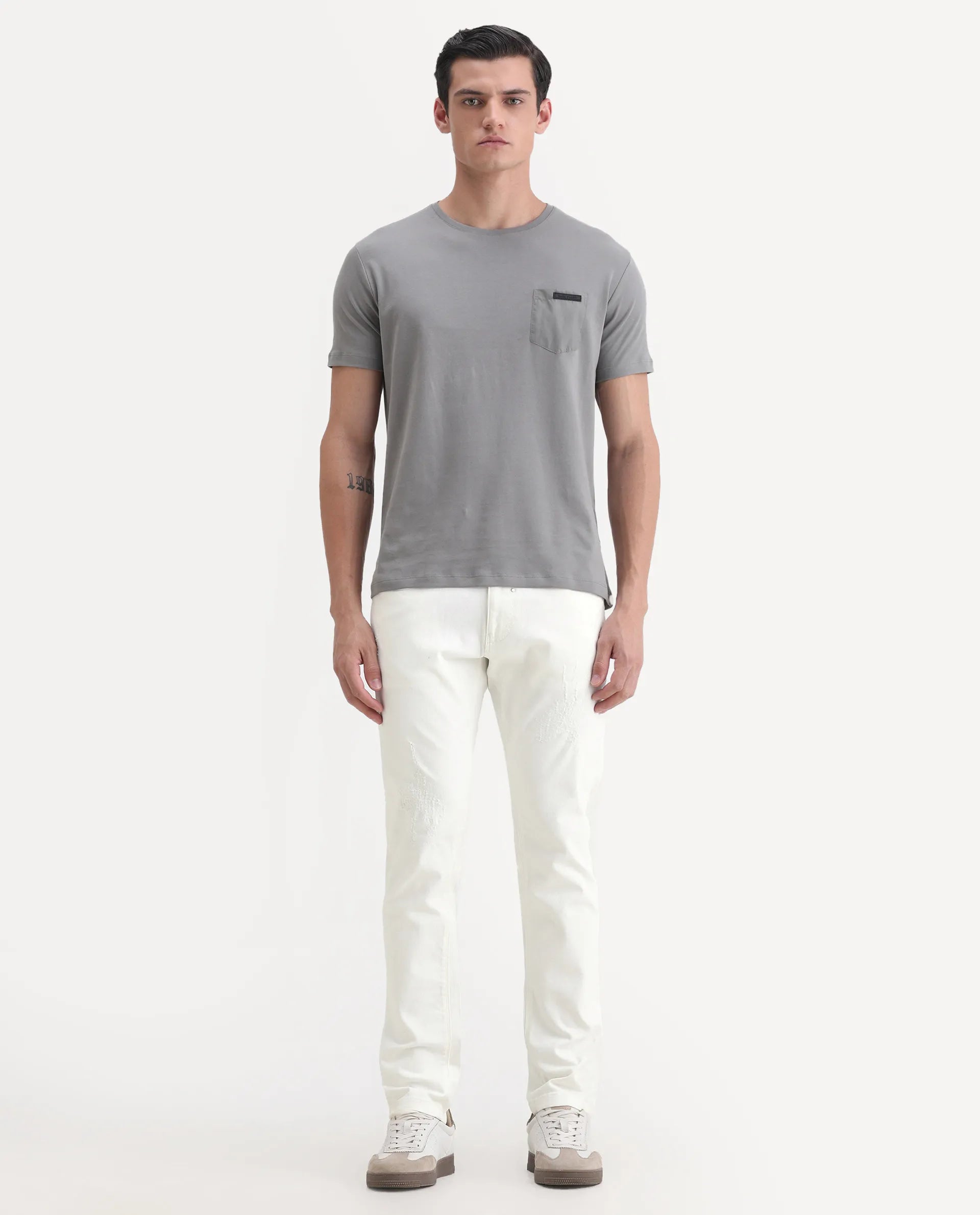 Rare Rabbit Men's Astral White Cotton Plain Hawk Slim Fit Jeans