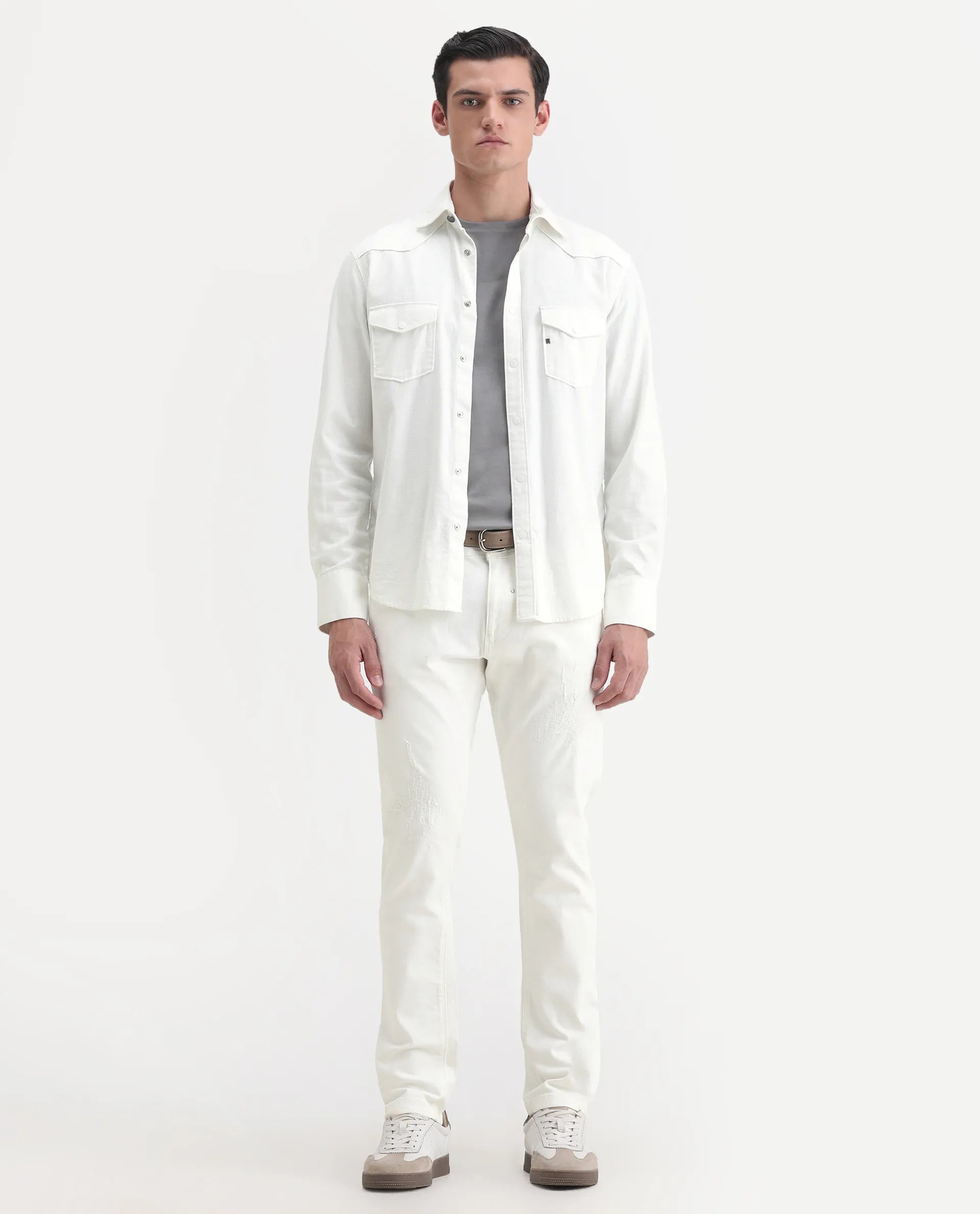 Rare Rabbit Men's Astral White Cotton Plain Hawk Slim Fit Jeans