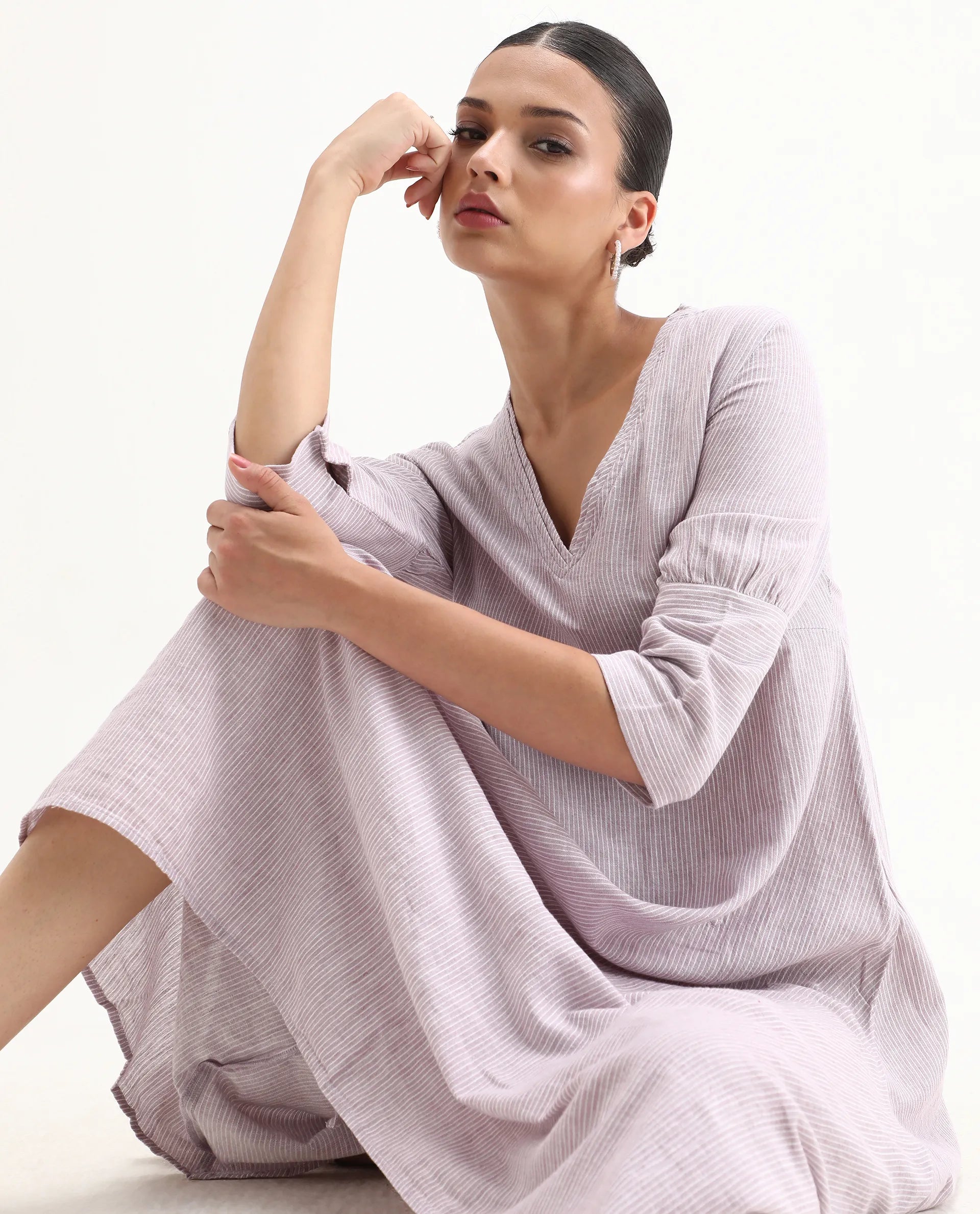 Rareism Women's Astrid Purple Linen V-Neck Striped Knee Length Regular Fit Dress