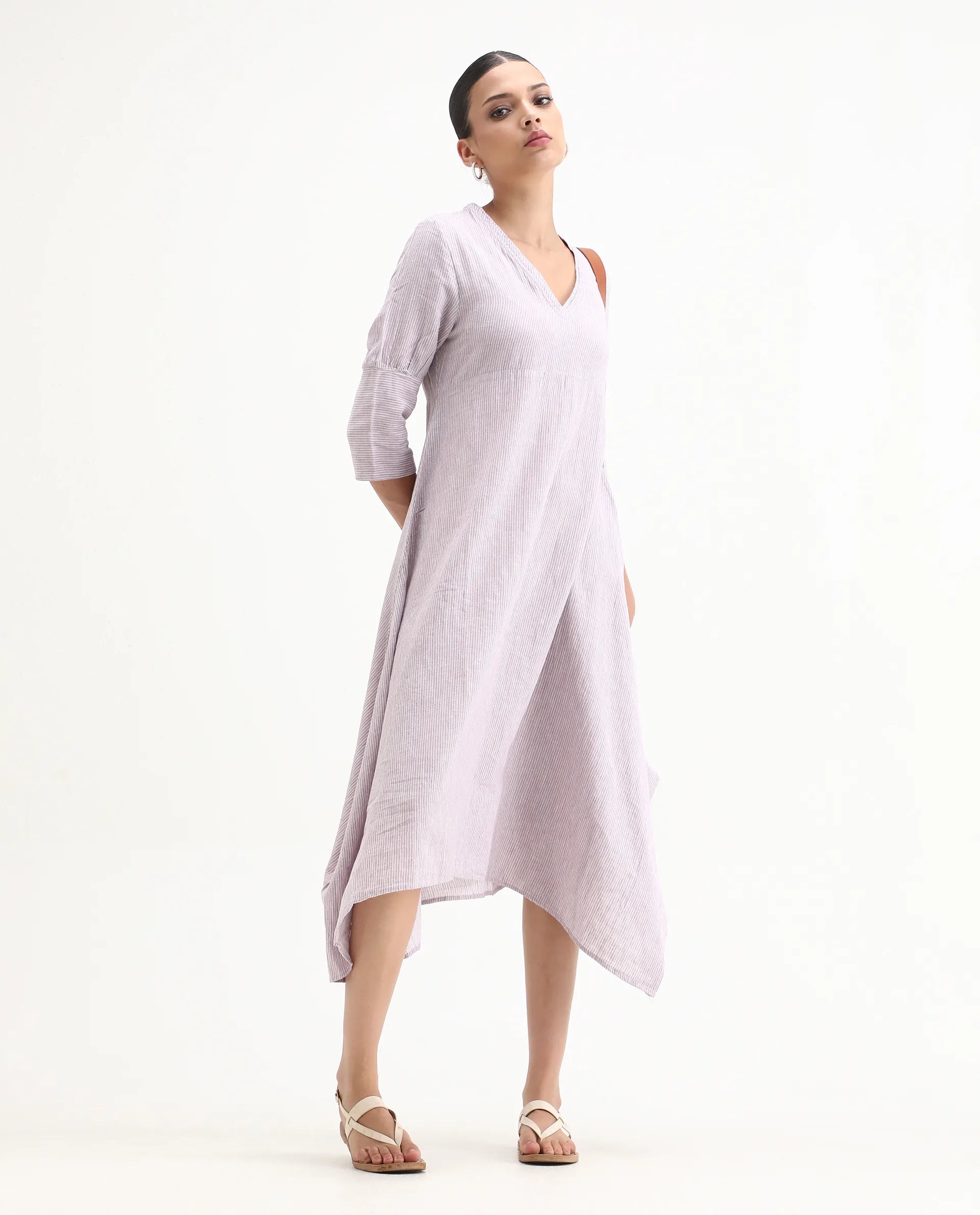 Rareism Women's Astrid Purple Linen V-Neck Striped Knee Length Regular Fit Dress
