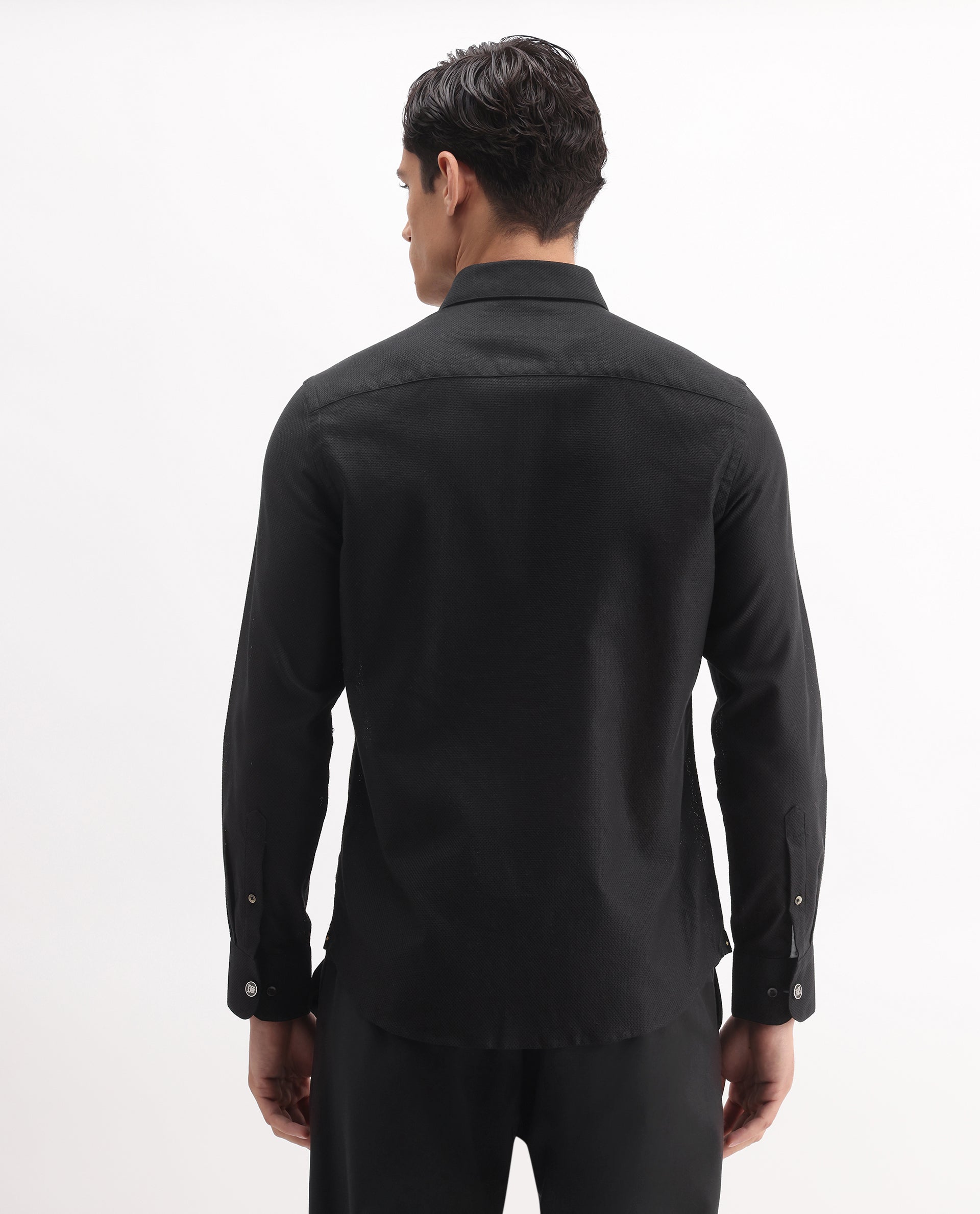 Rare Rabbit Men's Astron 25 Black Cotton Blend Plain Regular Fit Full Sleeve Collared Shirt