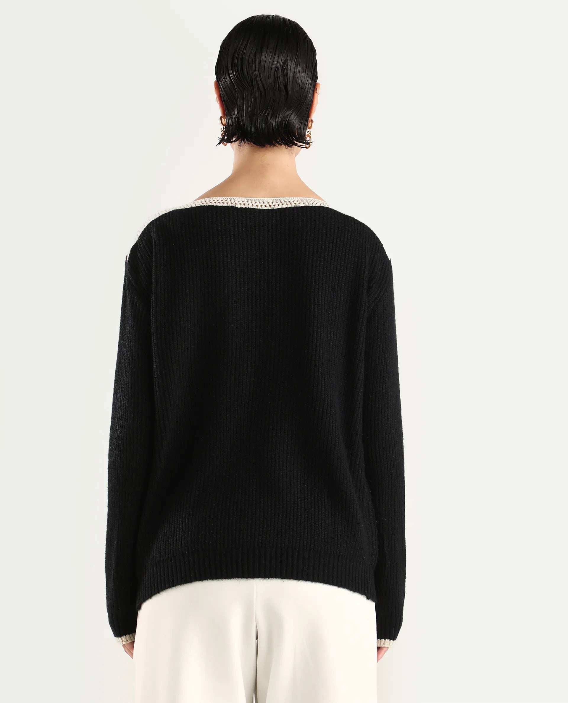 Rareism Women's Astrophel Black Acrylic Boat Neck Plain Relaxed Fit Sweater