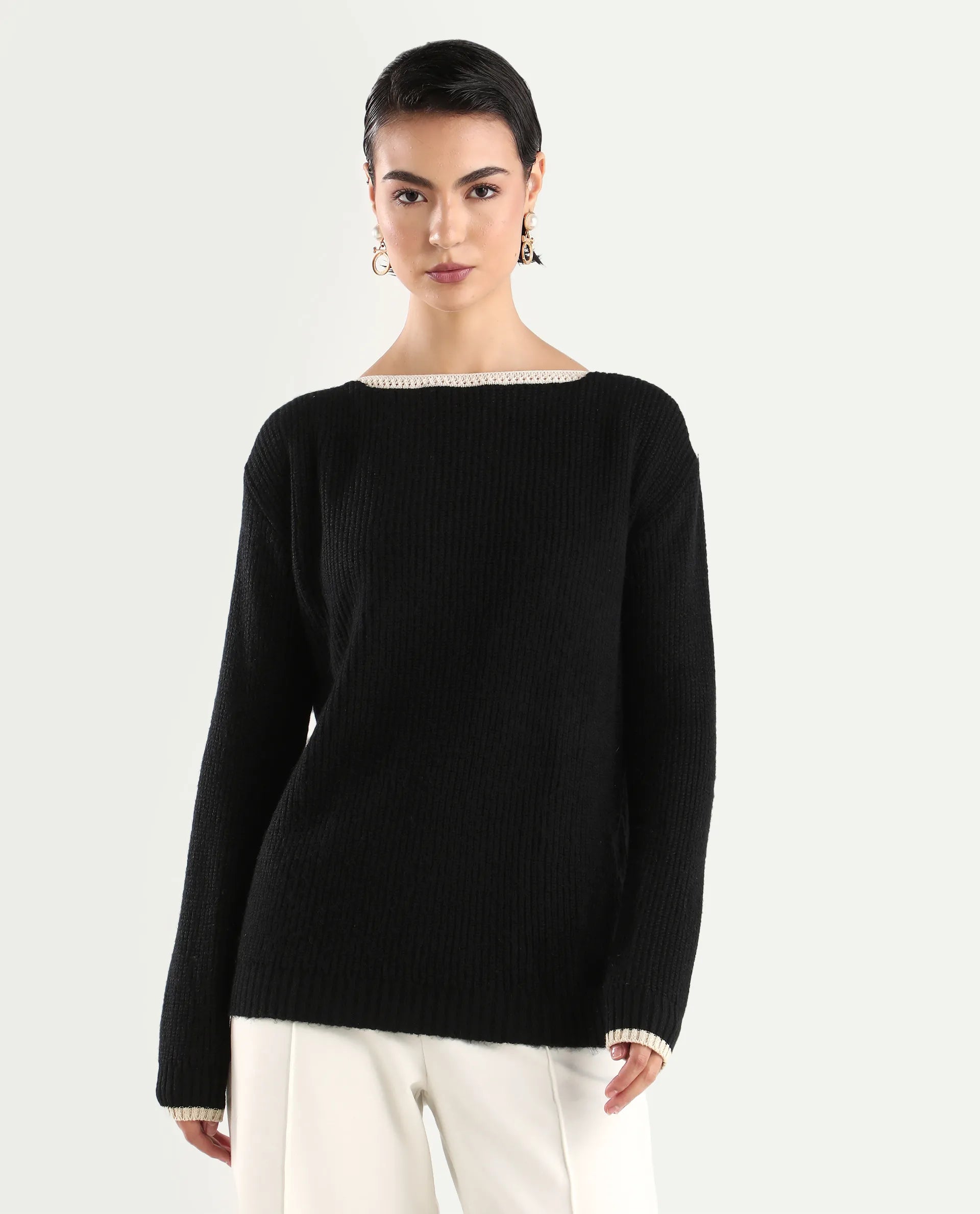 Rareism Women's Astrophel Black Acrylic Boat Neck Plain Relaxed Fit Sweater