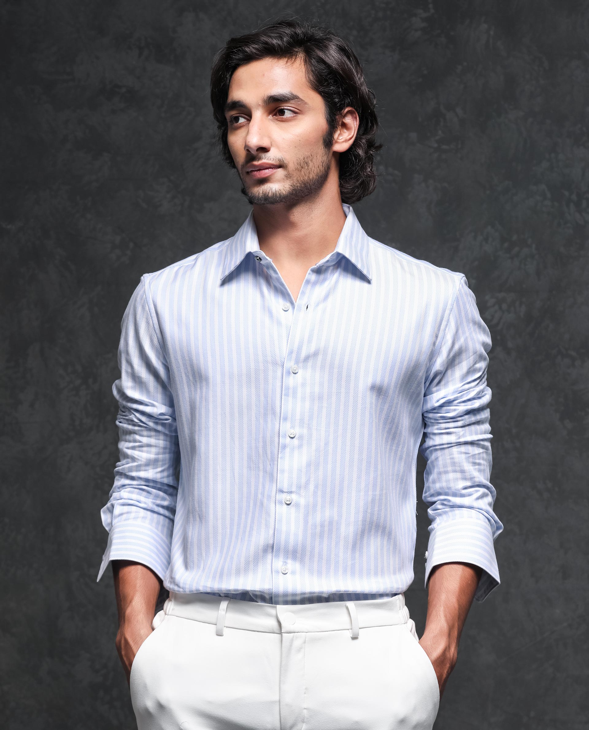 Rare Rabbit Men's Astum Blue Cotton Fabric Full Sleeves Striped Shirt