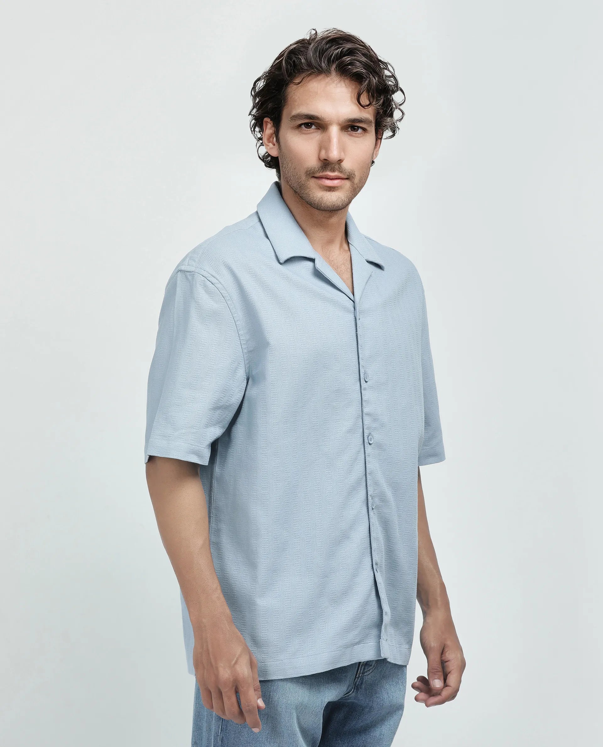 Rare Rabbit Men's Astur Blue Cotton Fabric Short Sleeve Cuban Collar Boxy Fit Textured Shirt