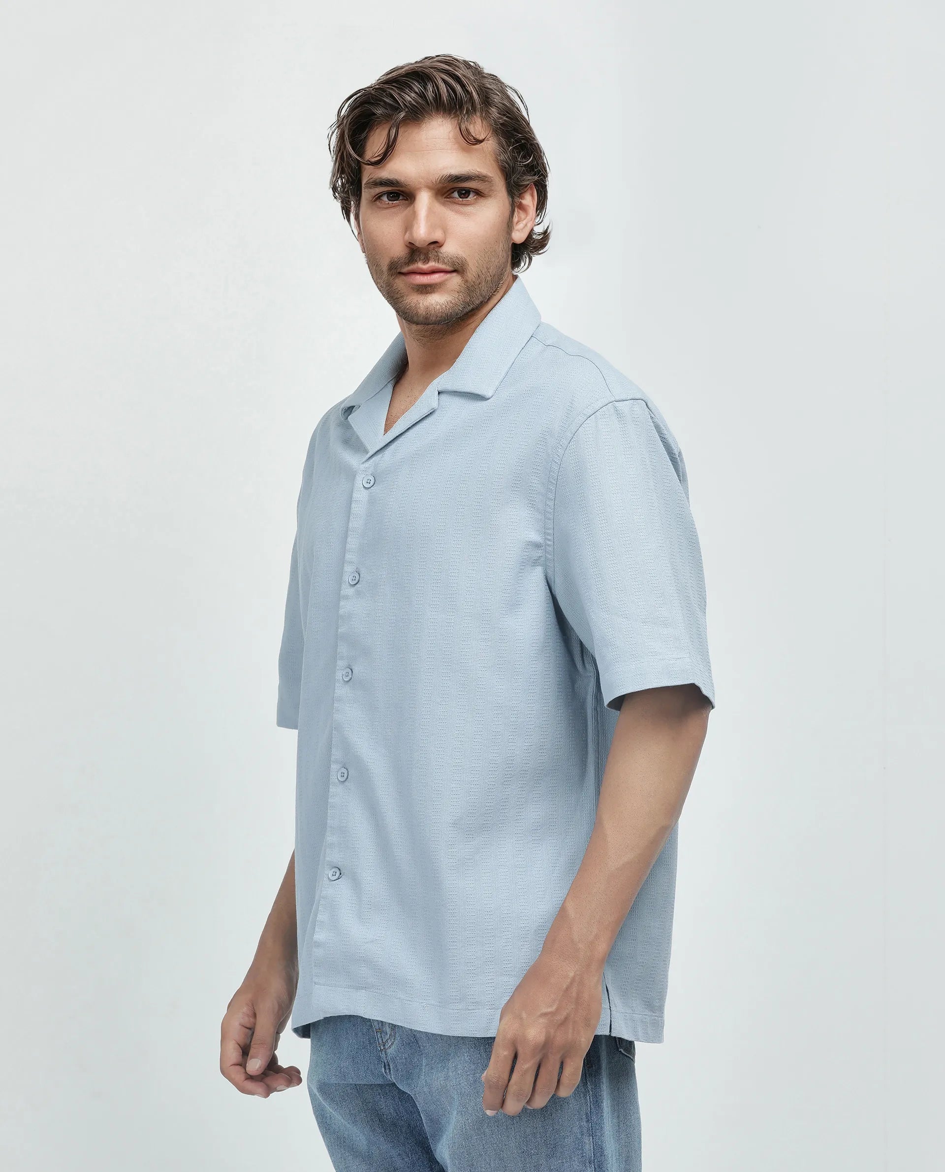 Rare Rabbit Men's Astur Blue Cotton Fabric Short Sleeve Cuban Collar Boxy Fit Textured Shirt