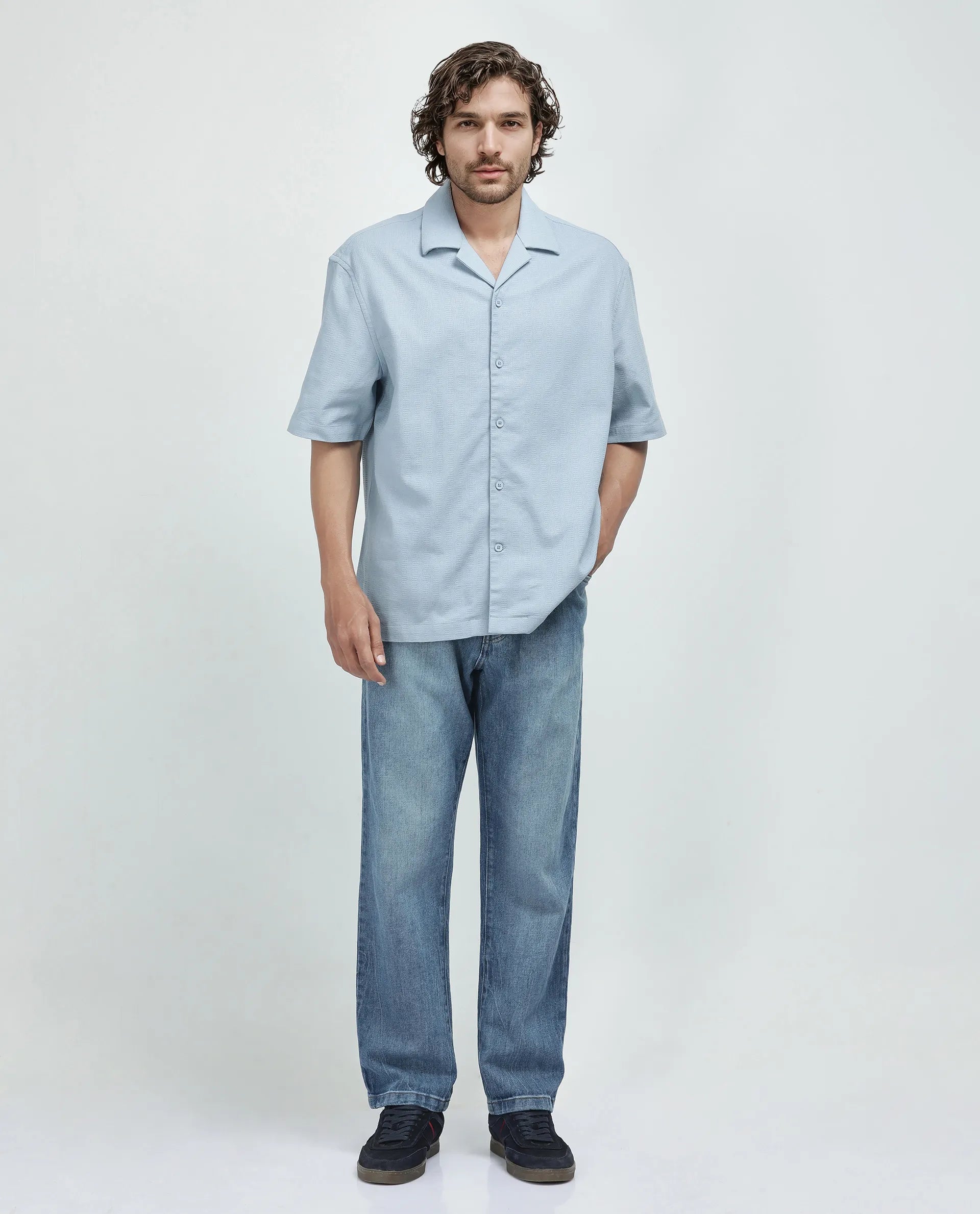 Rare Rabbit Men's Astur Blue Cotton Fabric Short Sleeve Cuban Collar Boxy Fit Textured Shirt