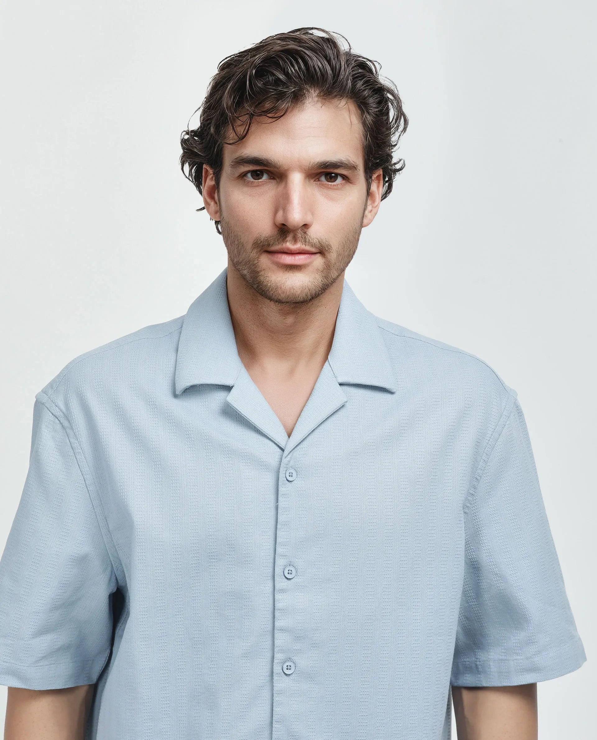 Rare Rabbit Men's Astur Blue Cotton Fabric Short Sleeve Cuban Collar Boxy Fit Textured Shirt