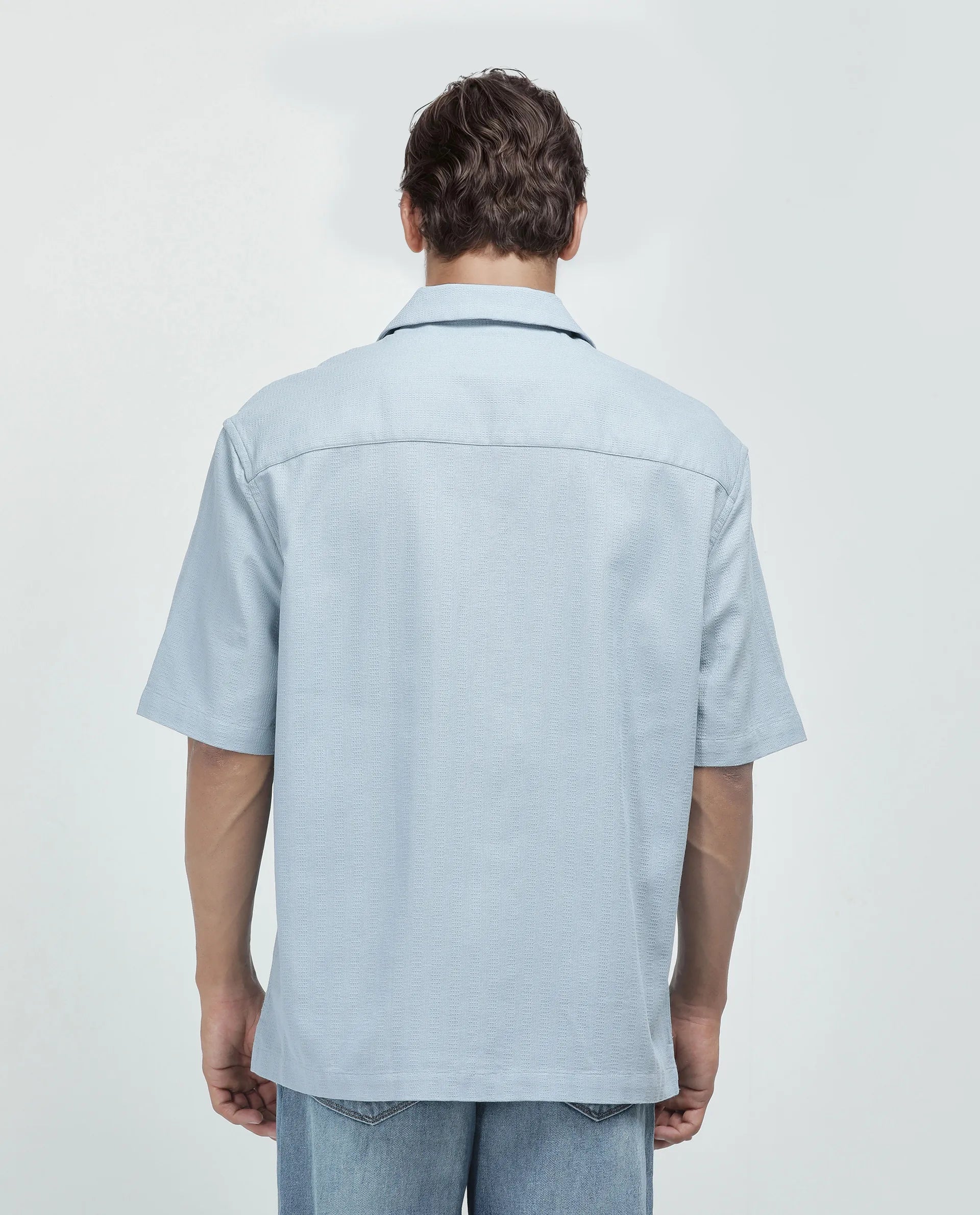 Rare Rabbit Men's Astur Blue Cotton Fabric Short Sleeve Cuban Collar Boxy Fit Textured Shirt