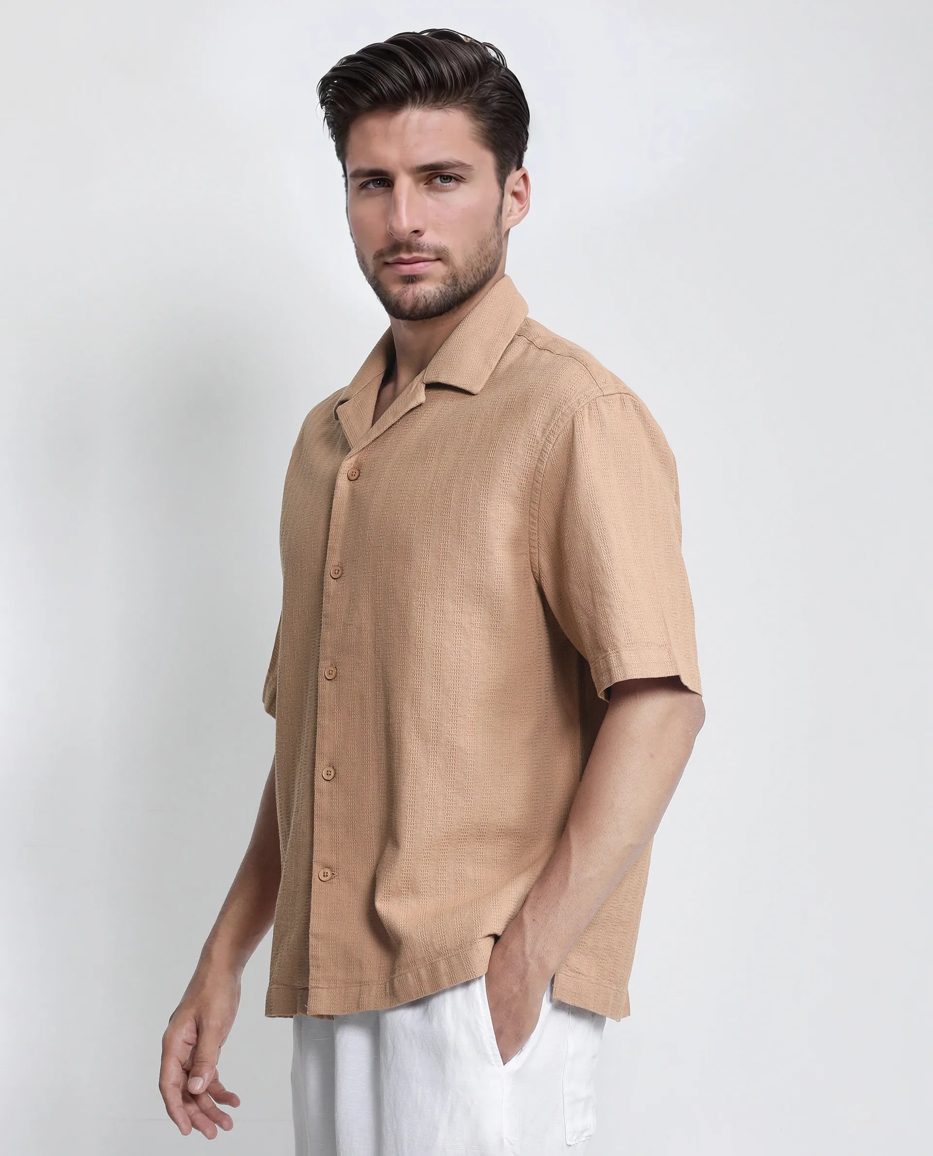 Rare Rabbit Men's Astur Brown Cotton Fabric Short Sleeve Cuban Collar Boxy Fit Textured Shirt