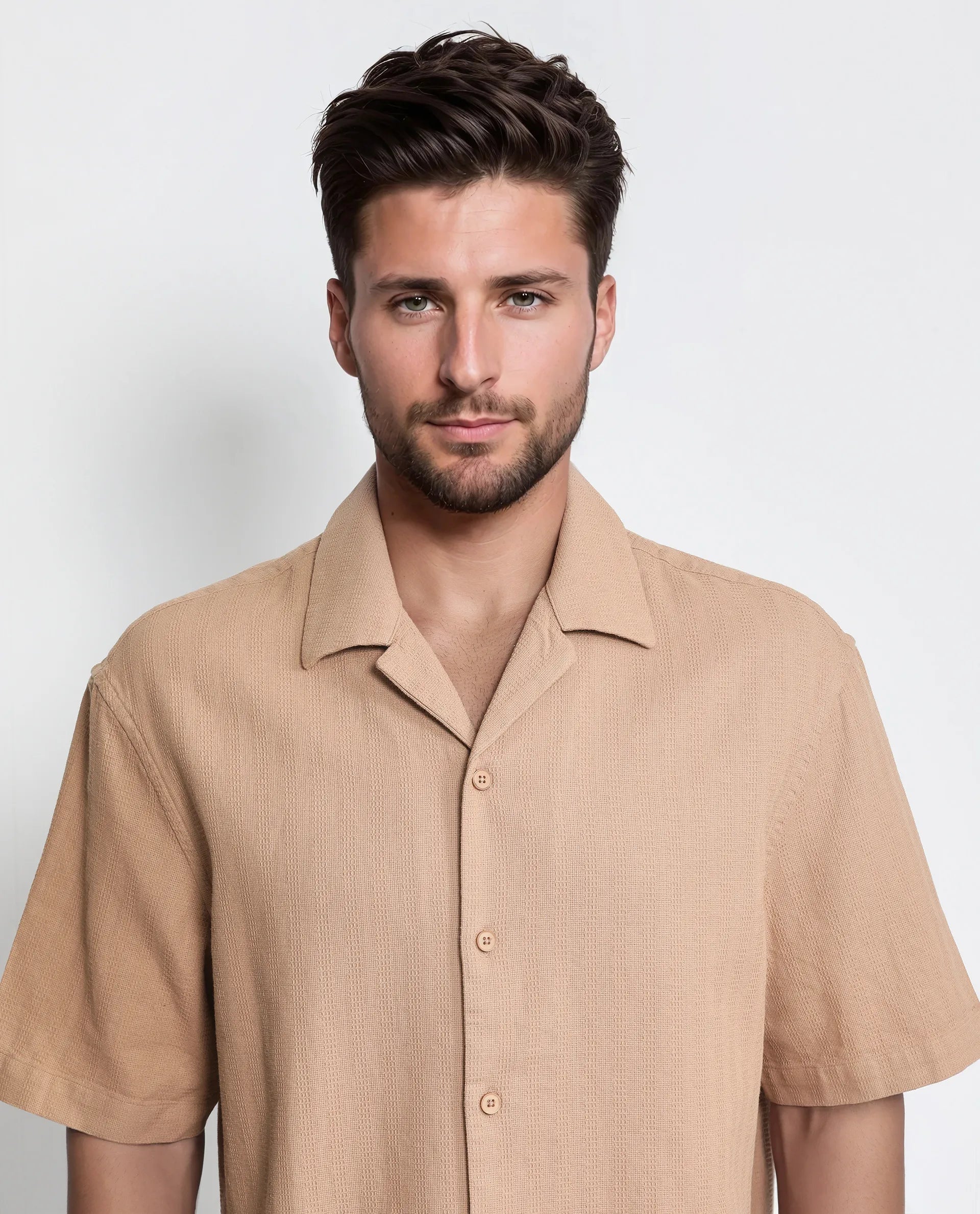 Rare Rabbit Men's Astur Brown Cotton Fabric Short Sleeve Cuban Collar Boxy Fit Textured Shirt