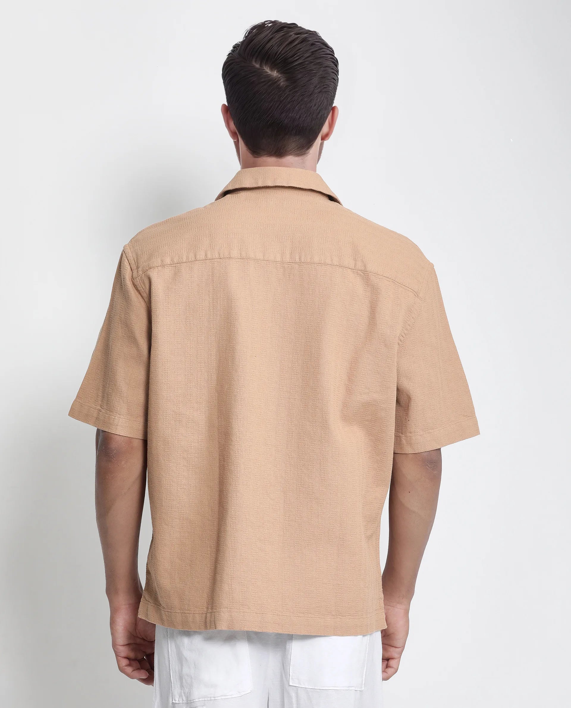 Rare Rabbit Men's Astur Brown Cotton Fabric Short Sleeve Cuban Collar Boxy Fit Textured Shirt