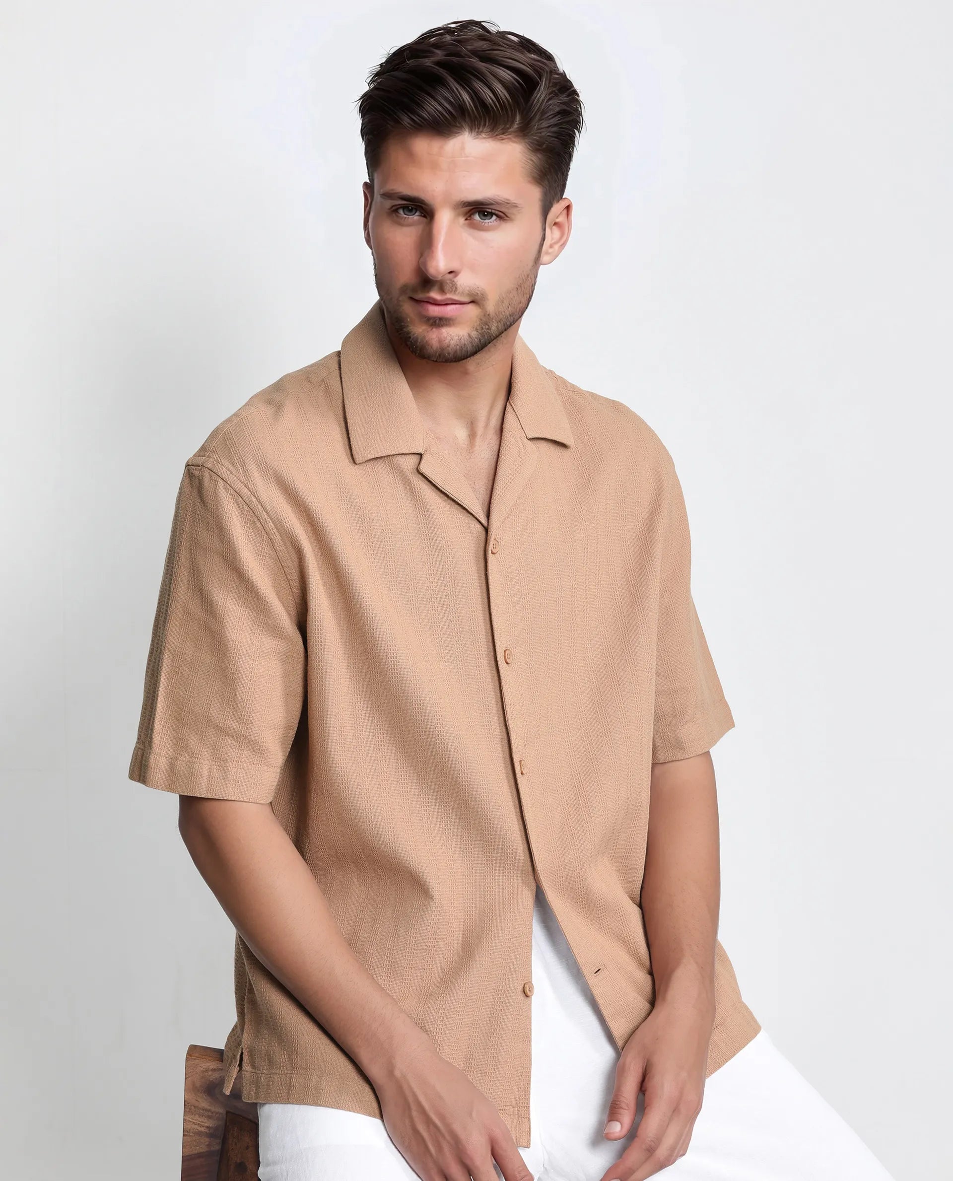 Rare Rabbit Men's Astur Brown Cotton Fabric Short Sleeve Cuban Collar Boxy Fit Textured Shirt