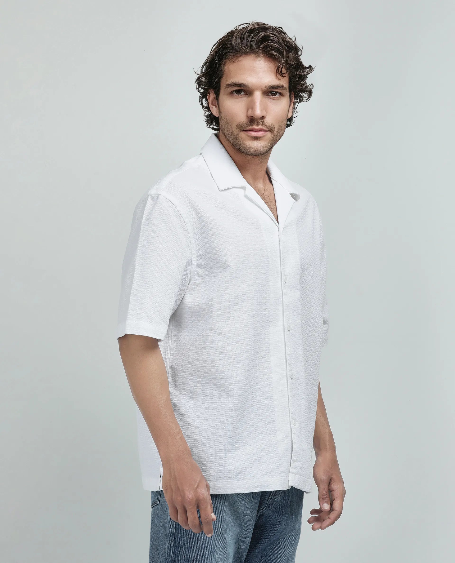 Rare Rabbit Men's Astur Off white Cotton Fabric Short Sleeve Cuban Collar Boxy Fit Textured Shirt