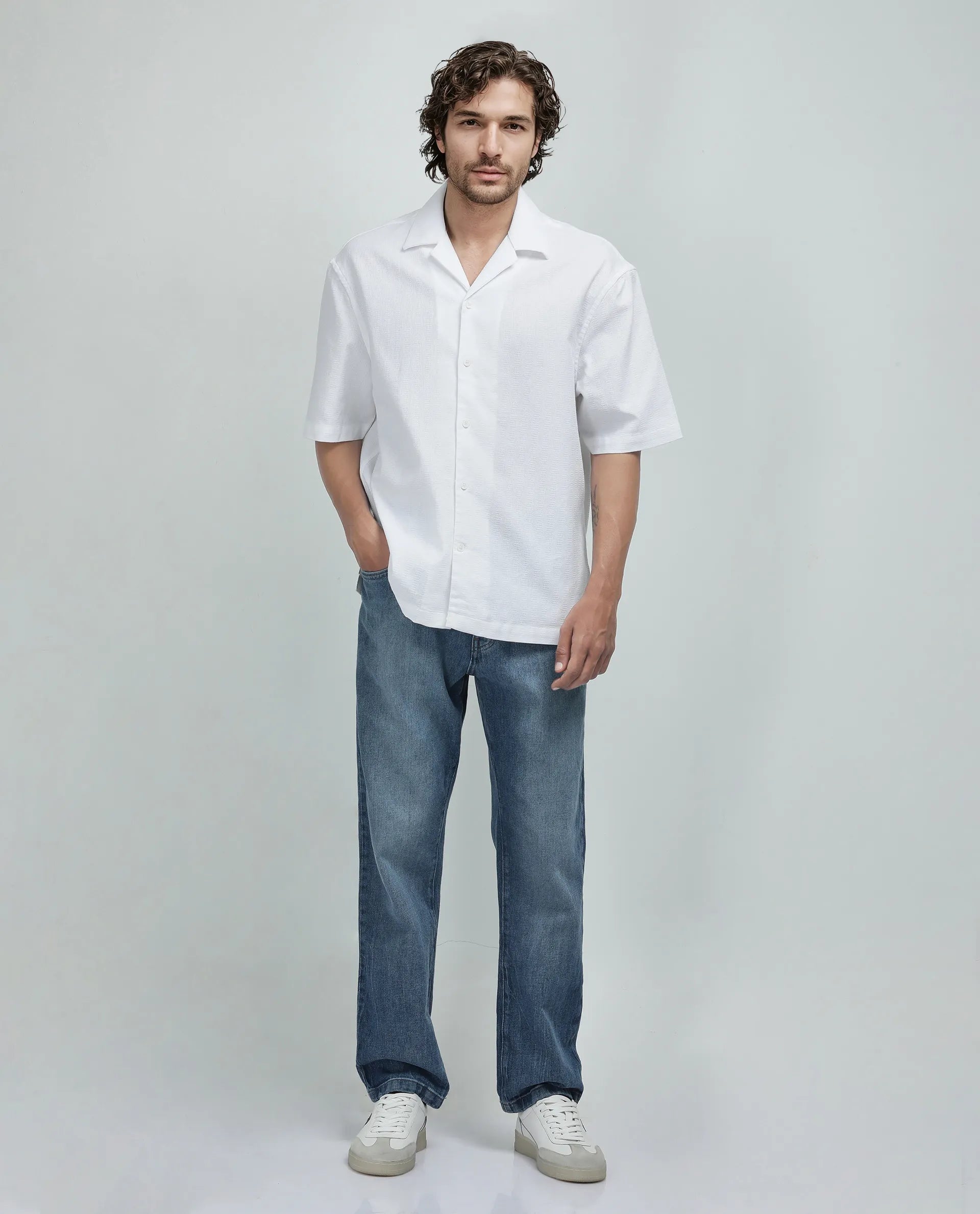 Rare Rabbit Men's Astur Off white Cotton Fabric Short Sleeve Cuban Collar Boxy Fit Textured Shirt