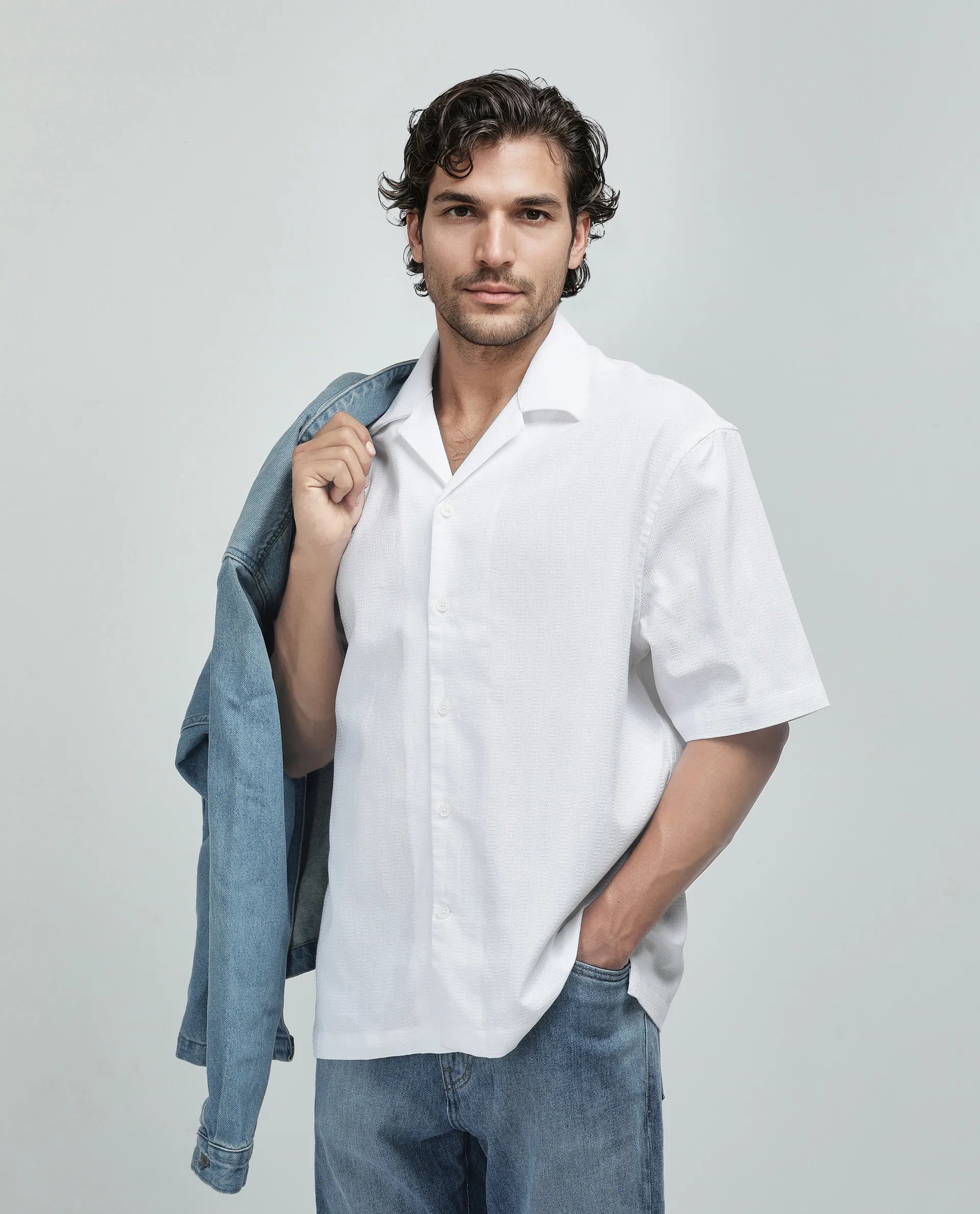 Rare Rabbit Men's Astur Off white Cotton Fabric Short Sleeve Cuban Collar Boxy Fit Textured Shirt