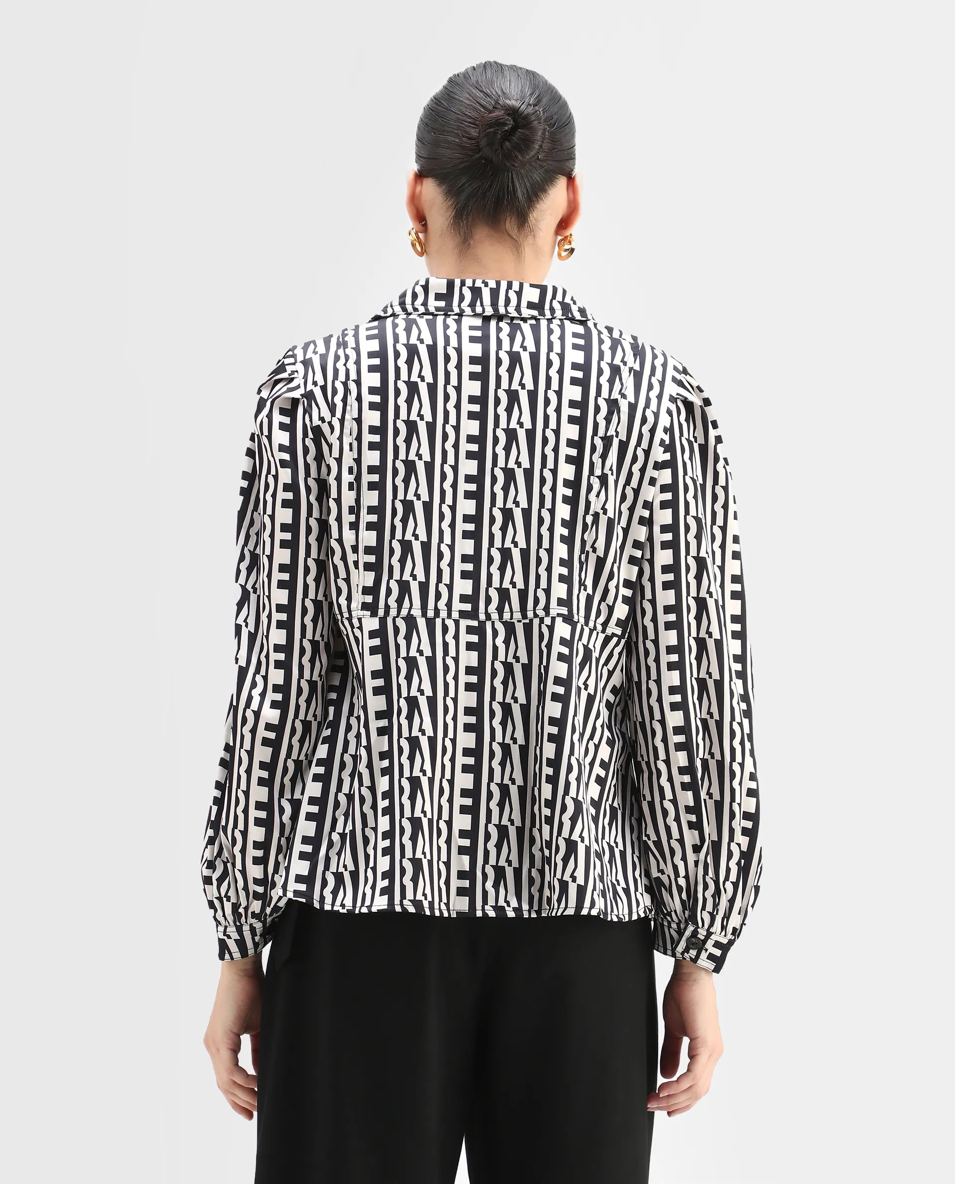 Rareism Women's Atlanti Black Polyester Spread Collar Geometric Print Relaxed Fit Top