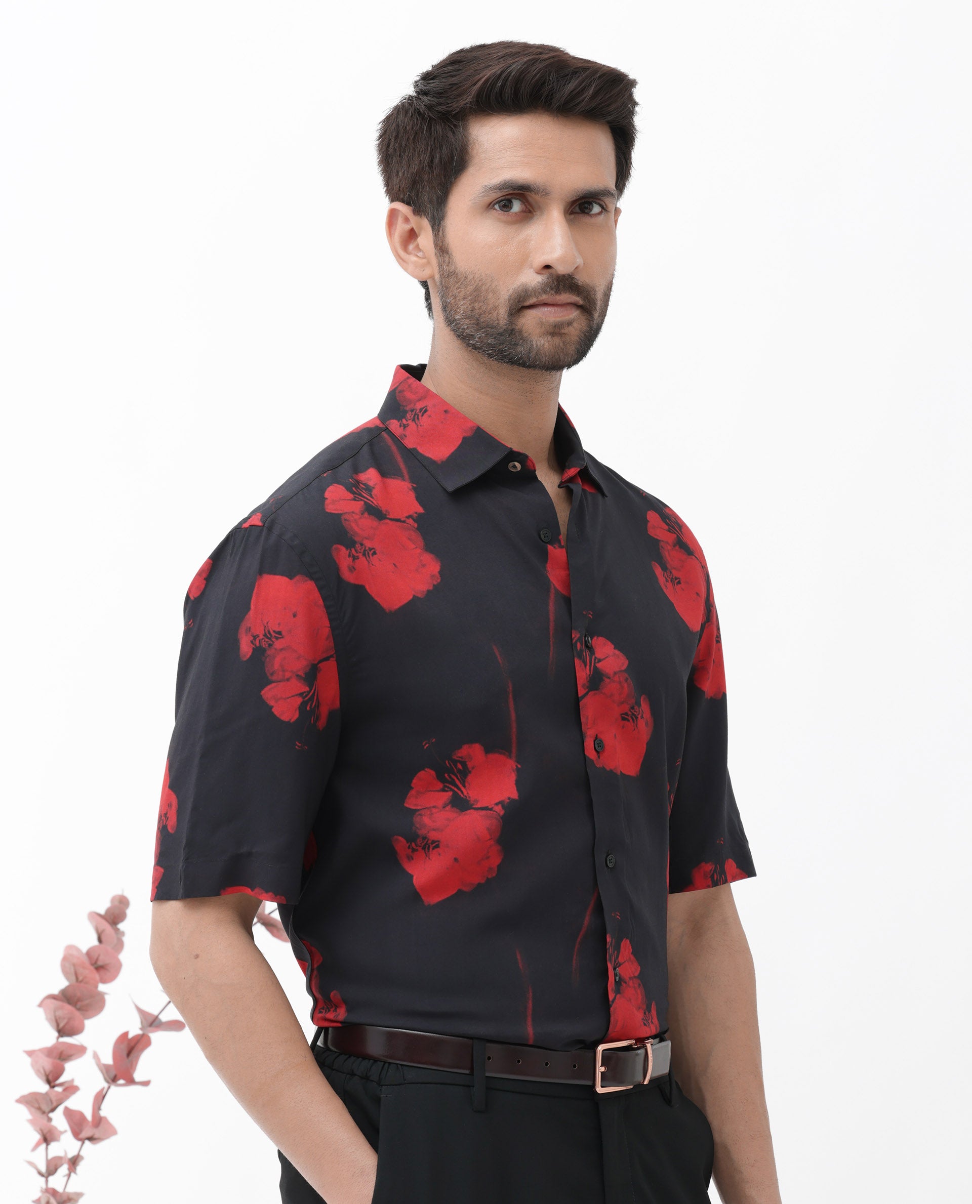 Rare Rabbit Mens Atley Black Viscose Fabric Half Sleeves Boxy Fit Hibiscus Floral Print Shirt