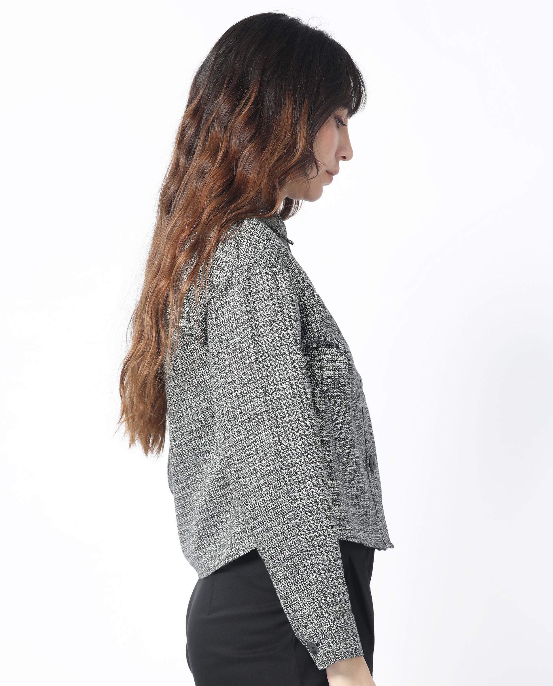 Rareism Women Atmos Black Polyester Fabric Full Sleeves Button Closure Shirt Collar Regular Fit Textured Jacket