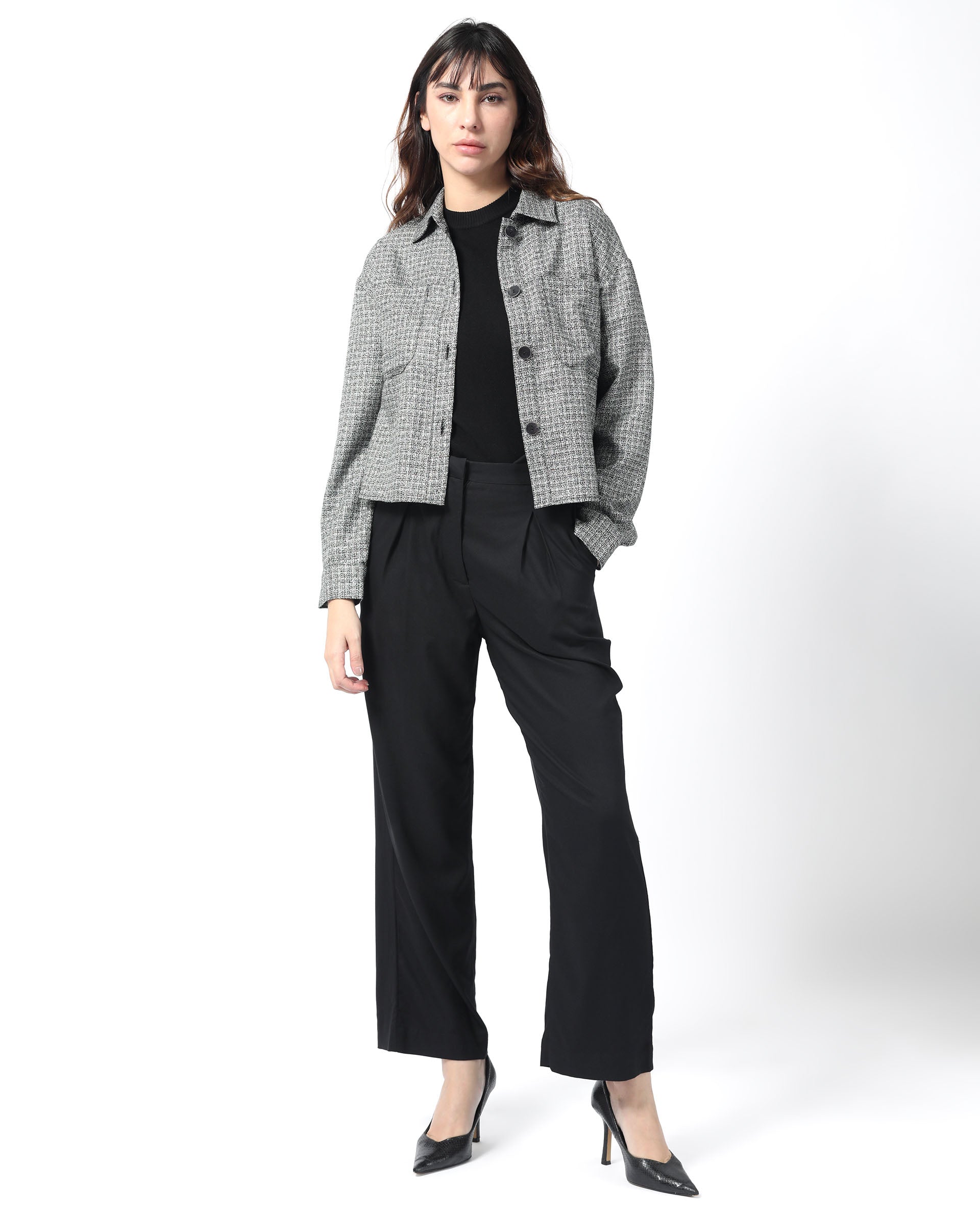 Rareism Women Atmos Black Polyester Fabric Full Sleeves Button Closure Shirt Collar Regular Fit Textured Jacket