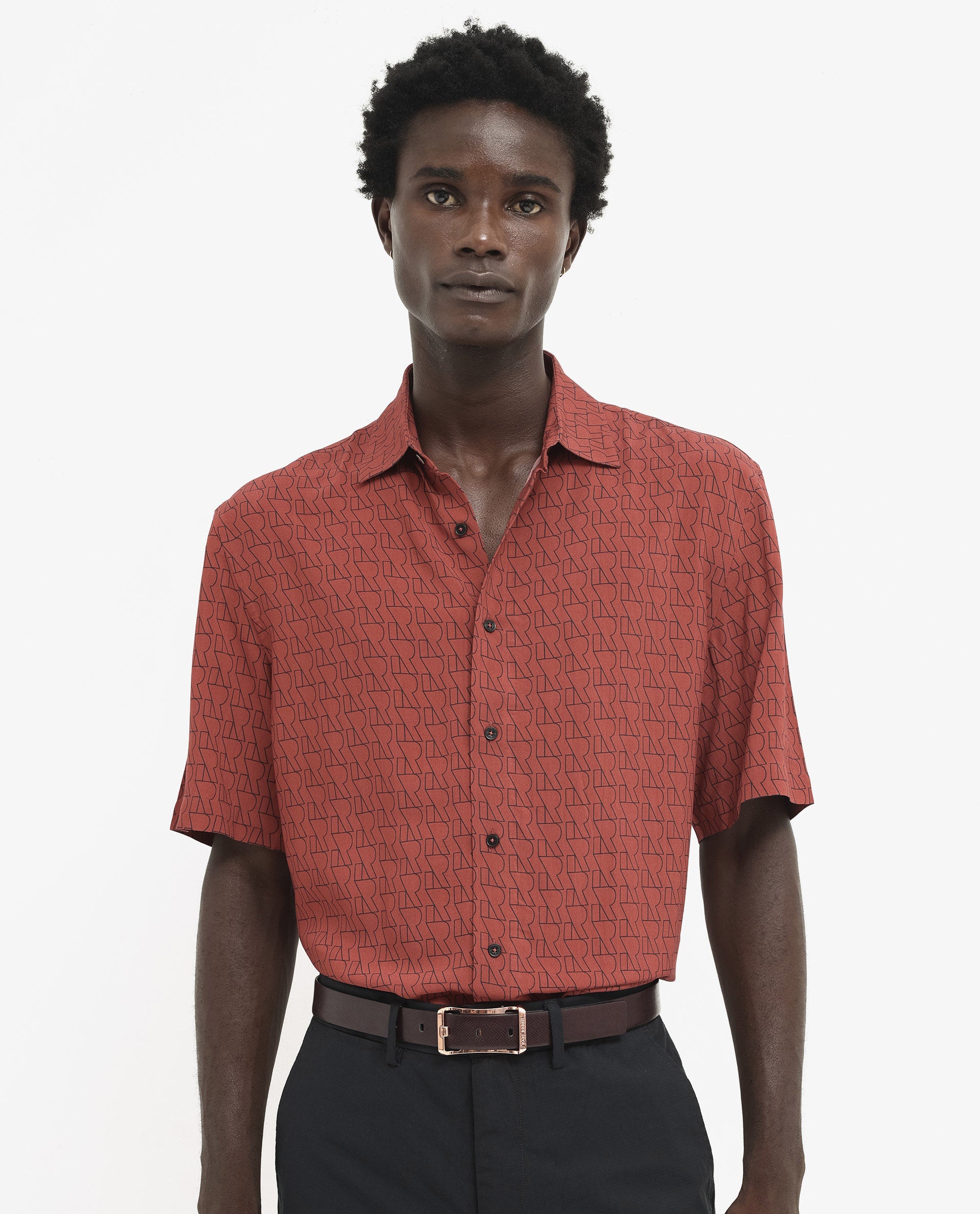 Rare Rabbit Men's Atria SS Dark Rust Short Sleeve Regular Collar Monogram Printed Shirt