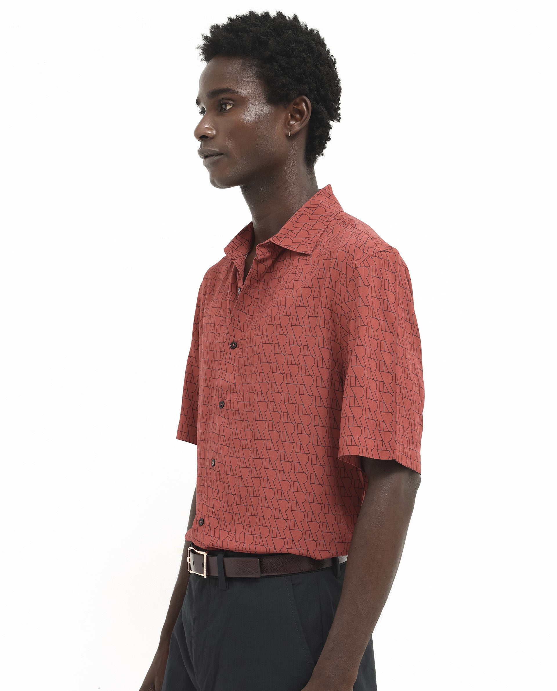 Rare Rabbit Men's Atria SS Dark Rust Short Sleeve Regular Collar Monogram Printed Shirt