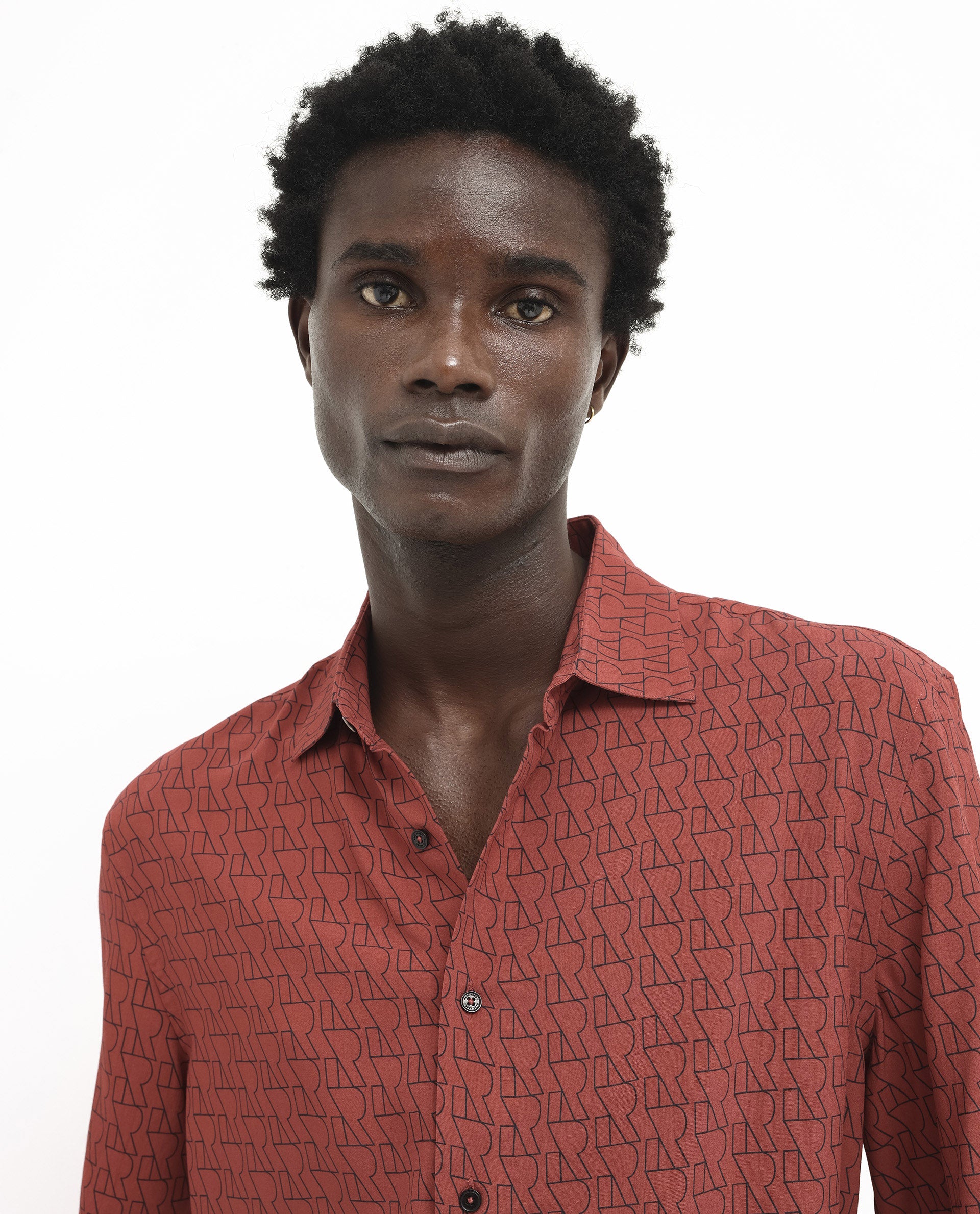 Rare Rabbit Men's Atria SS Dark Rust Short Sleeve Regular Collar Monogram Printed Shirt