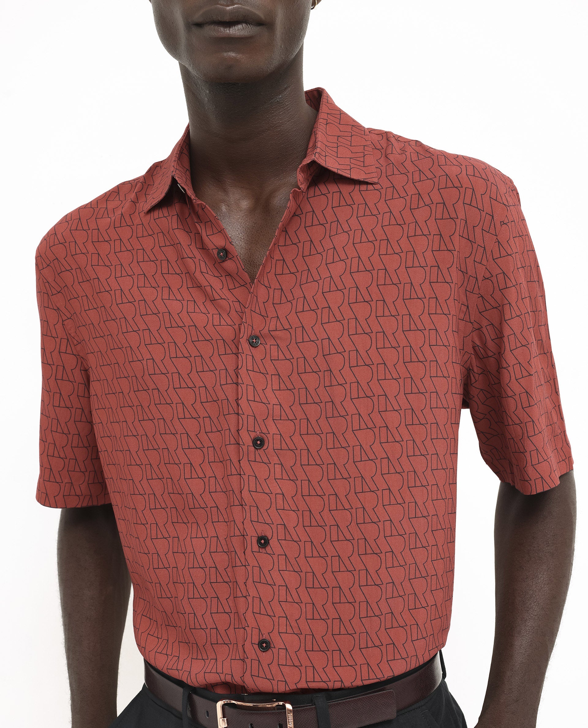 Rare Rabbit Men's Atria SS Dark Rust Short Sleeve Regular Collar Monogram Printed Shirt