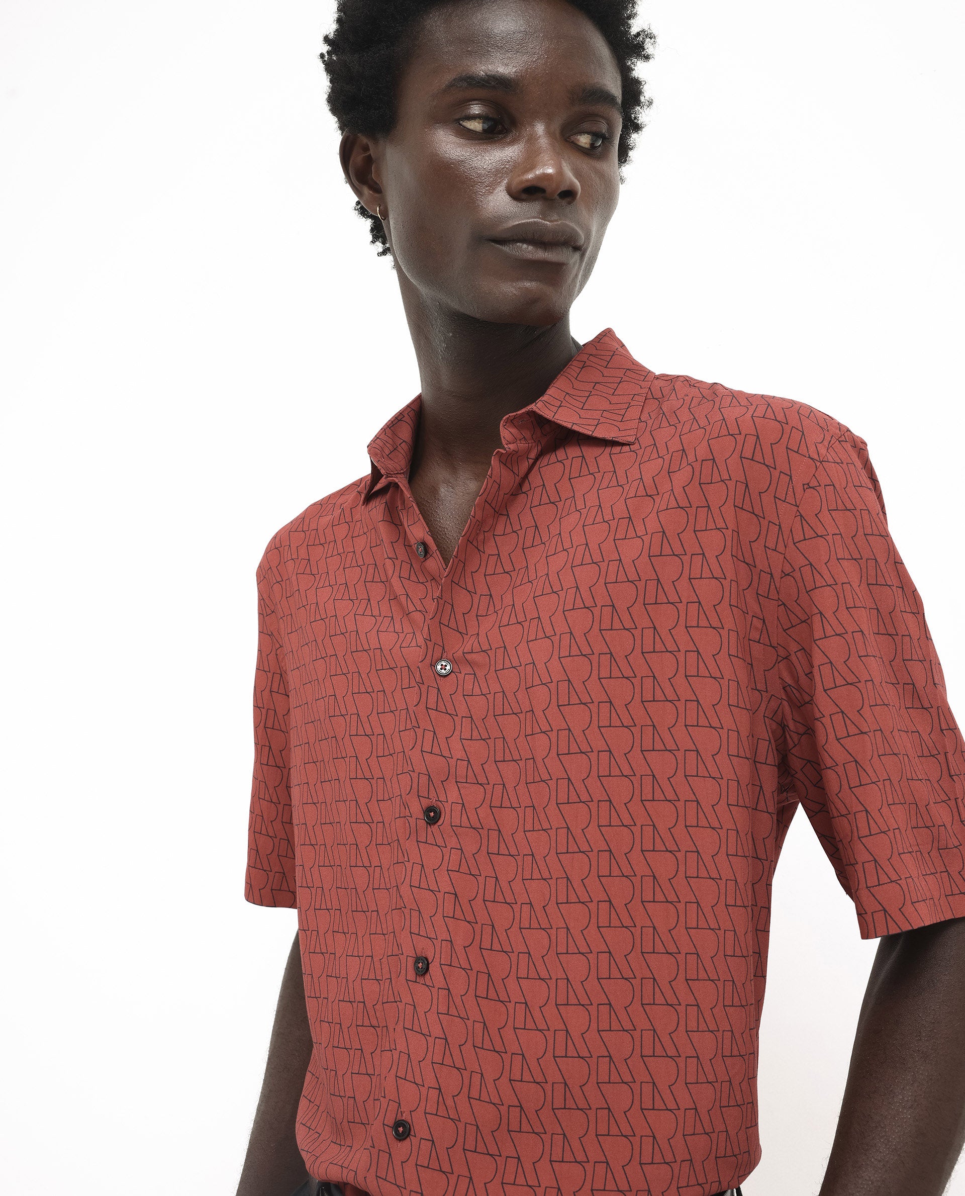 Rare Rabbit Men's Atria SS Dark Rust Short Sleeve Regular Collar Monogram Printed Shirt