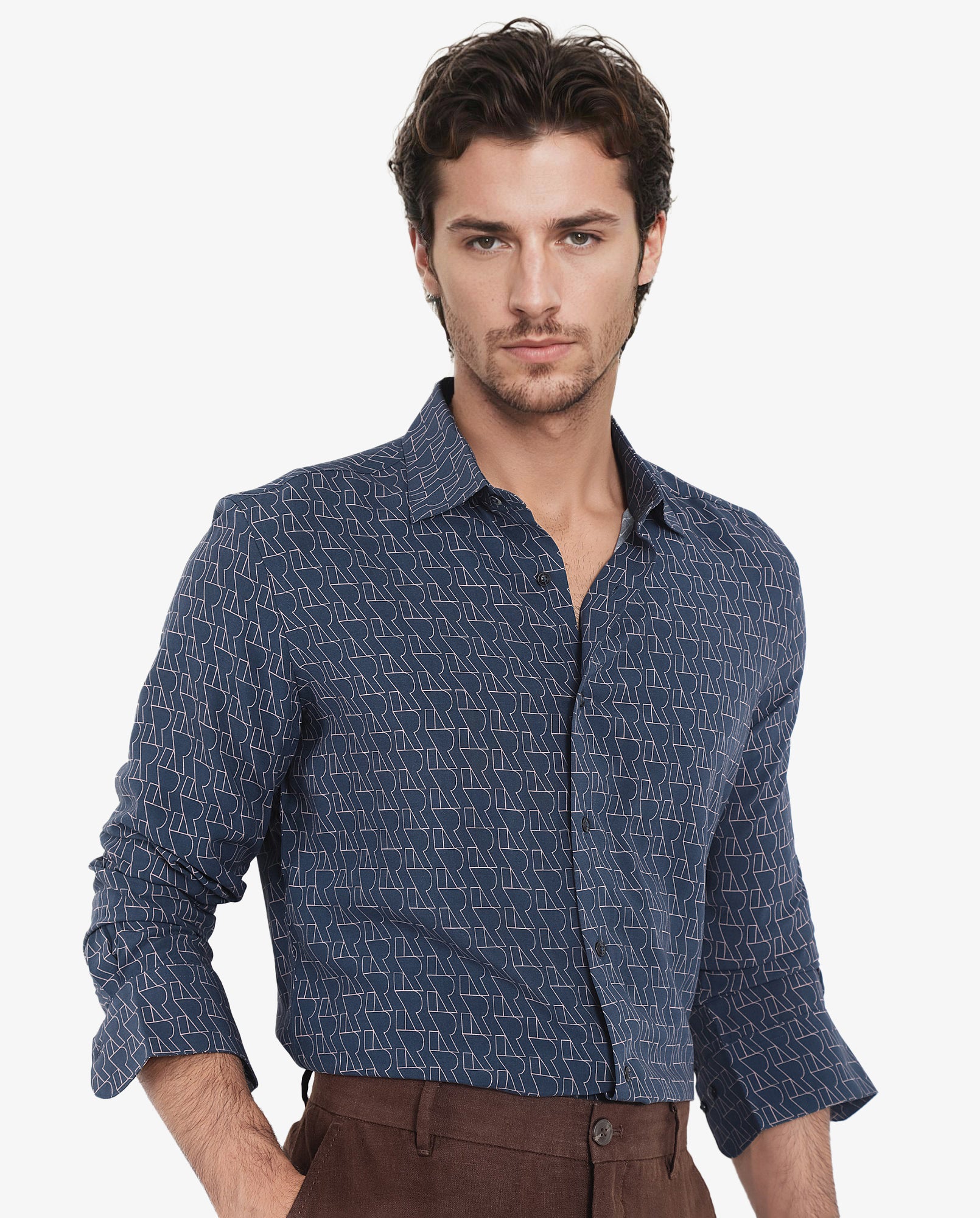 Rare Rabbit Men's Atria Dark Teal Viscose Fabric Full Sleeve Regular Fit Monogram Print Shirt