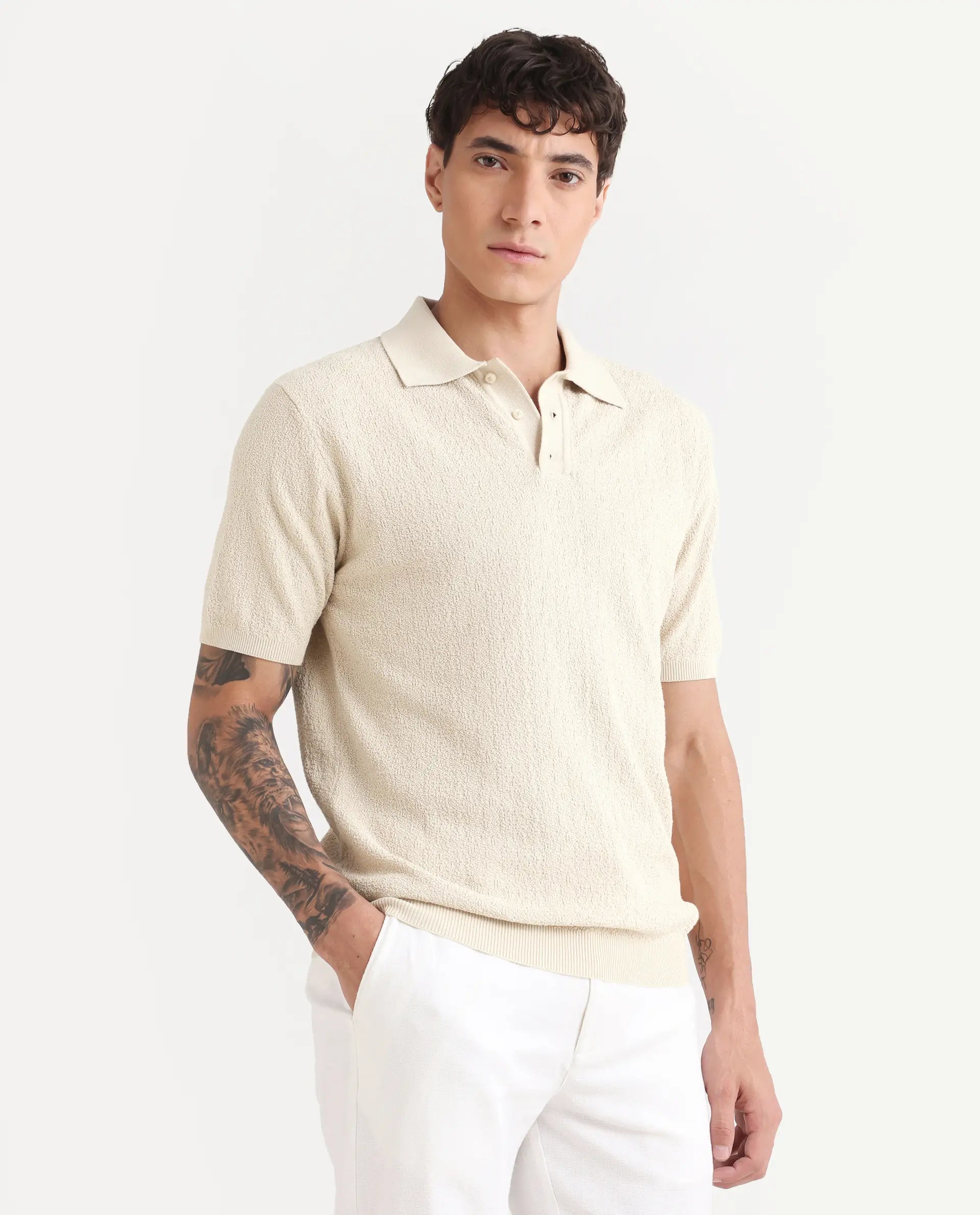 Rare Rabbit Men's Atri Off White Cotton Blend Fabric Collared Neck Regular Fit Textured Polo