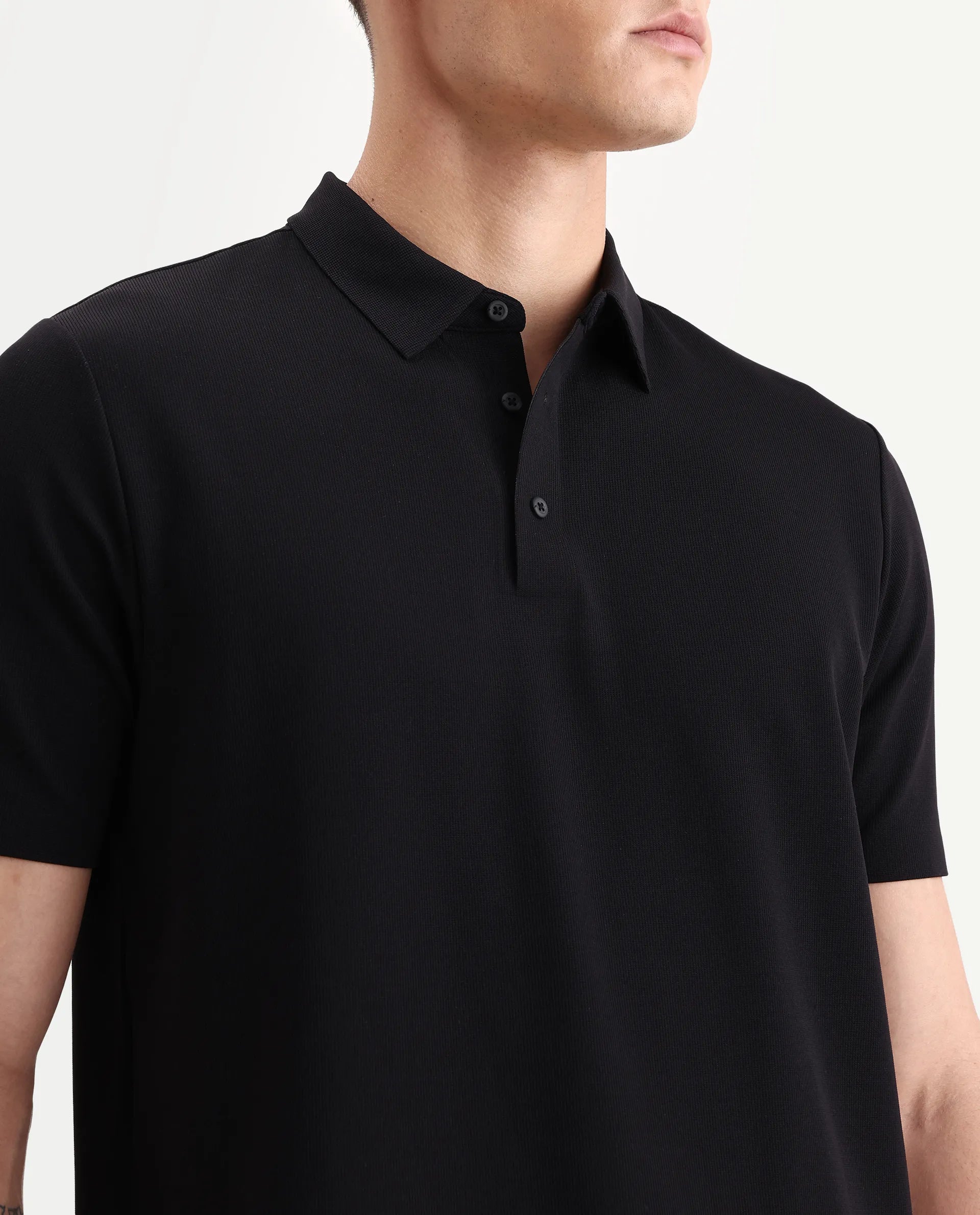 Rare Rabbit Men's Atticus Black Nylon Plain Regular Fit Half Sleeve Polo