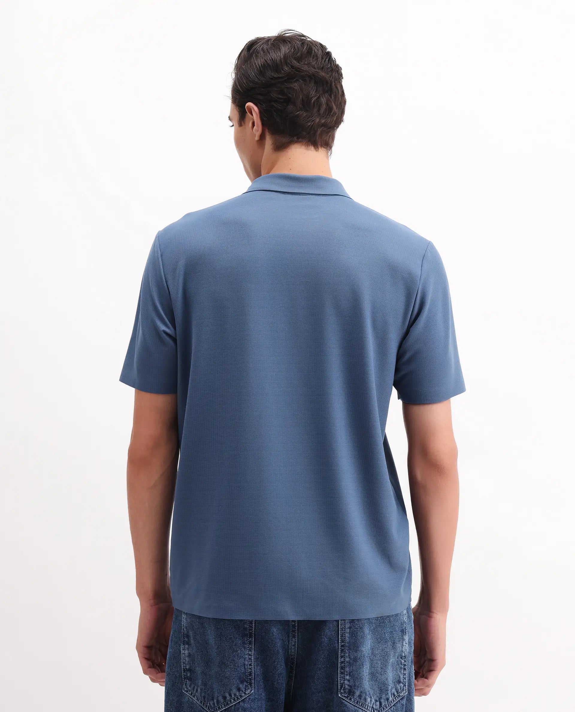 Rare Rabbit Men's Atticus Dusky Blue Nylon Plain Regular Fit Half Sleeve Polo