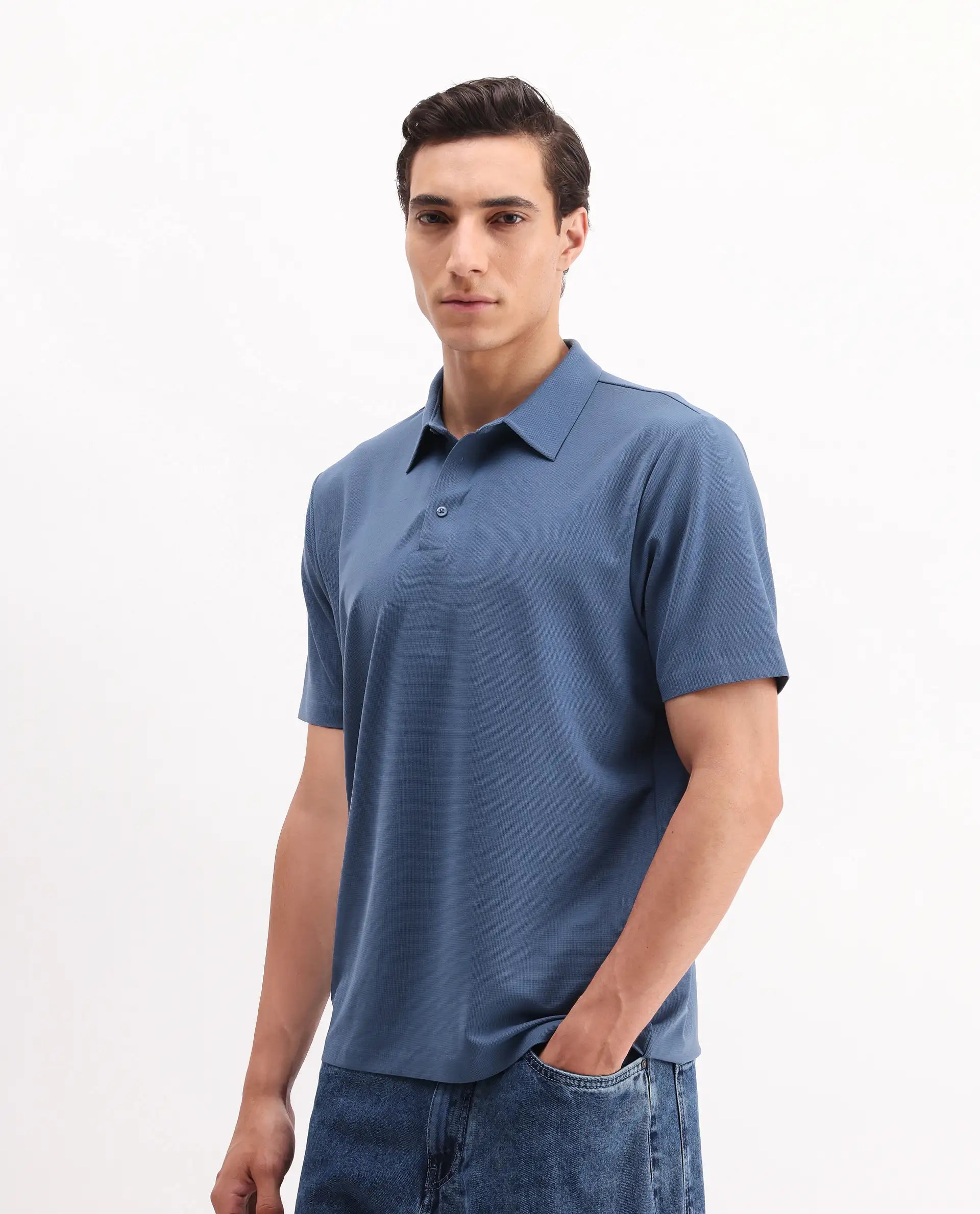 Rare Rabbit Men's Atticus Dusky Blue Nylon Plain Regular Fit Half Sleeve Polo